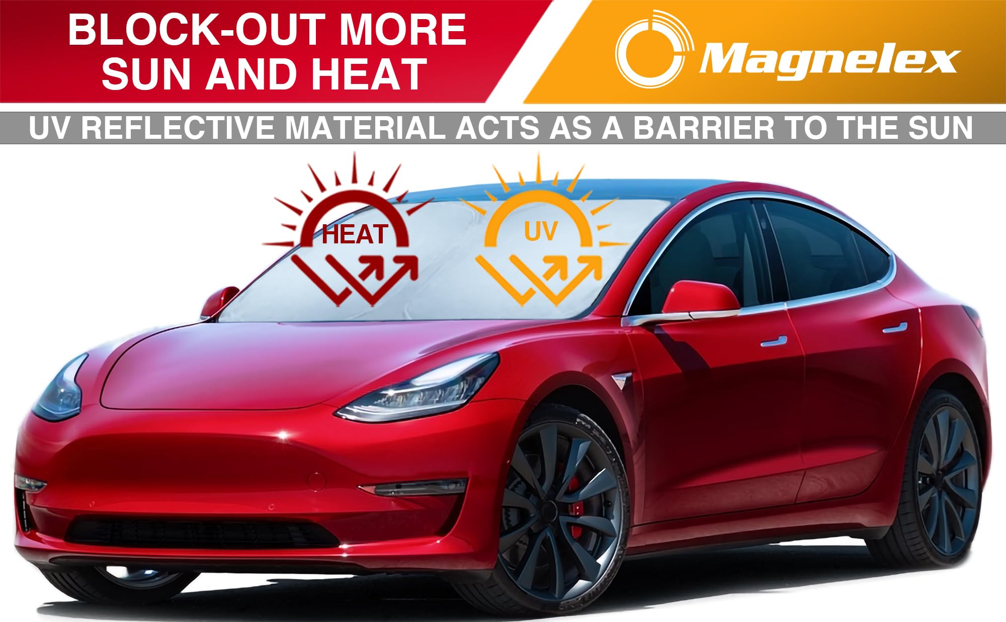 Magnelex Tesla Windshield Sun Shade (Model 3/Y), Reflective Polyester Blocks Heat & Sun, Foldable Car Window Sun Blocker, Mirror Cut-Out, Fade-Resistant Sunshade, Tesla 3 Accessories