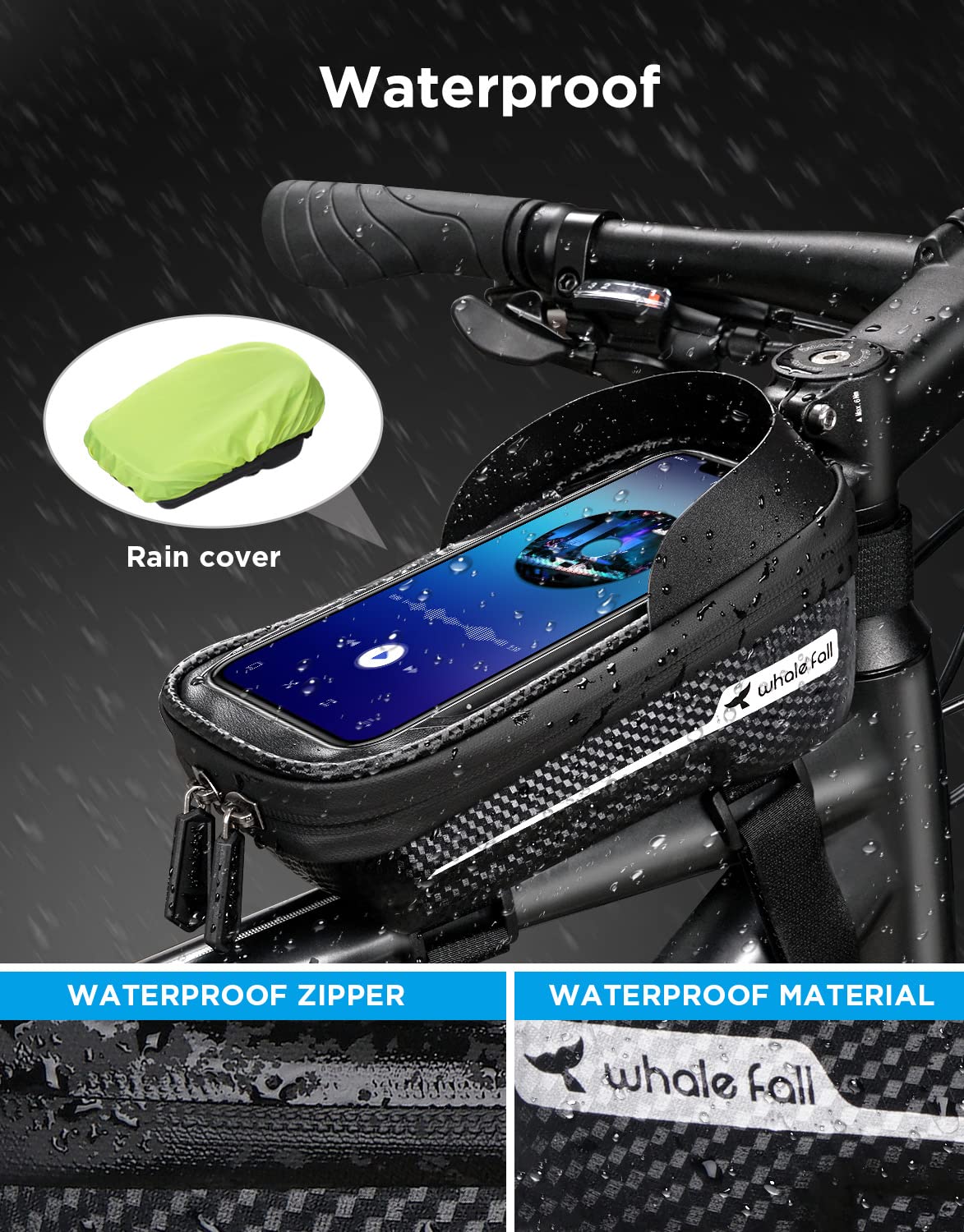 whale fall Hard Casing Bike Bag, Bike Accessories, Never Deform/Waterproof, Bike Phone Holder Bike Phone Mount with 0.25mm Sensitive TPU Touch-Screen, with Rain Cover for Phones under 6.9''