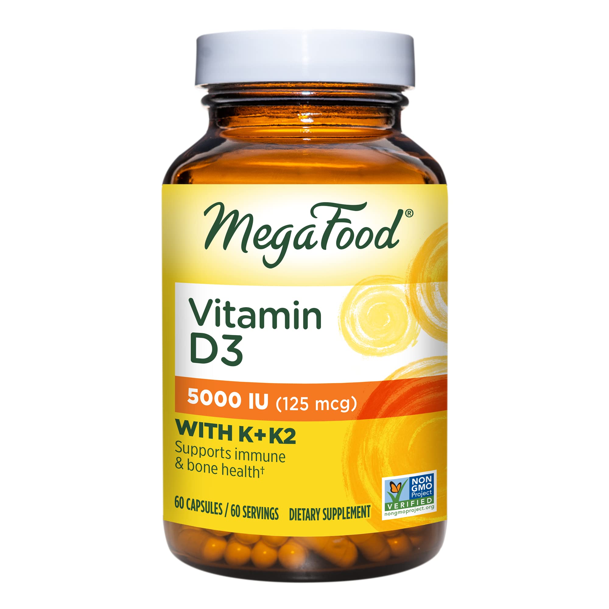 MegaFood Vitamin D3 5000 IU (125 mcg) - Vegetarian Vitamin D Supplements with Vitamin D3 K2, Supports Bones, Teeth, Muscles & Immune Health, Certified Non-GMO - 60 Mini Capsules, 60 Servings