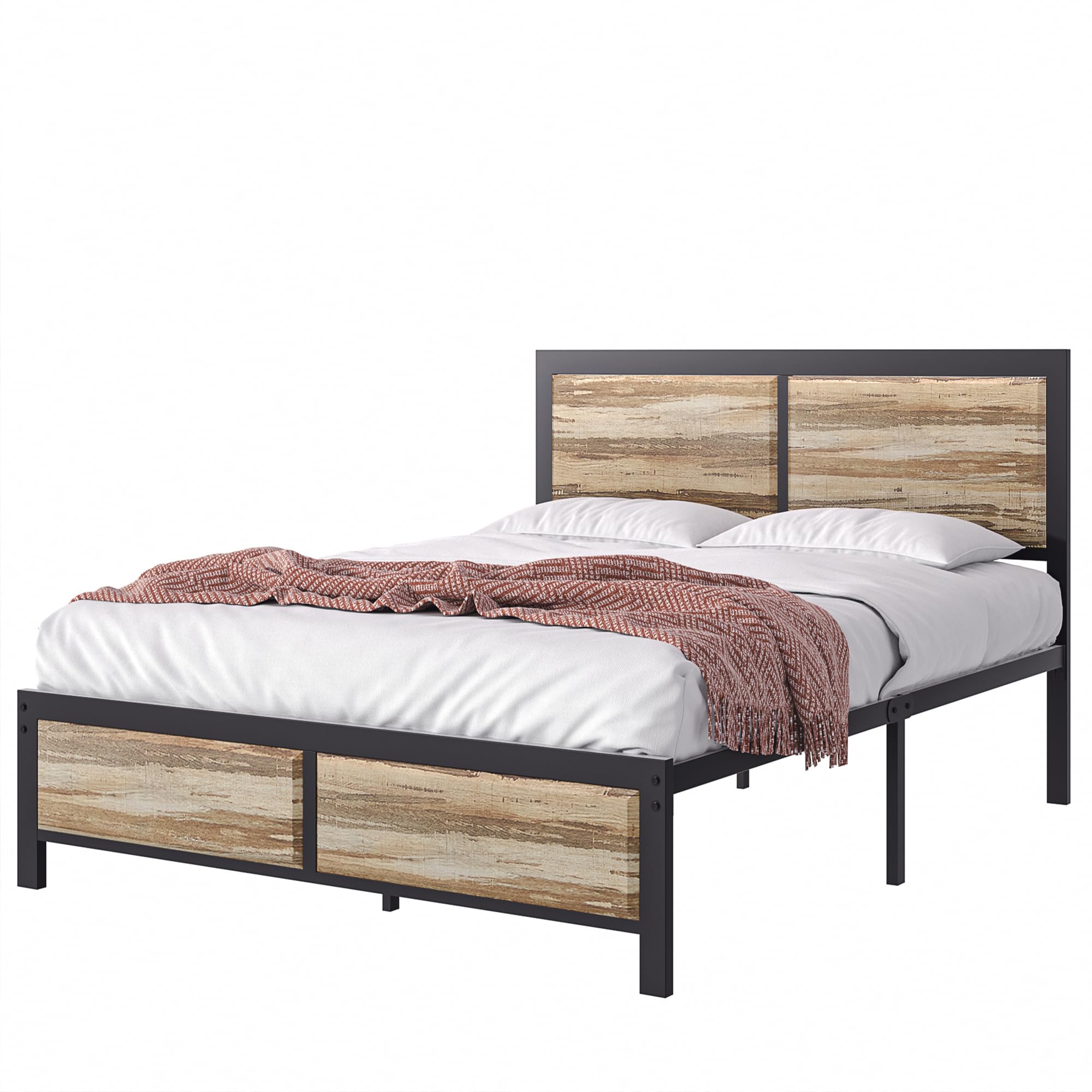 VECELO Queen Size Bed Frame with Wood Headboard and Footboard, 14 Inch Platform Mattress Foundation, No Box Spring Needed, Heavy Duty Slats Support, Easy Assembly