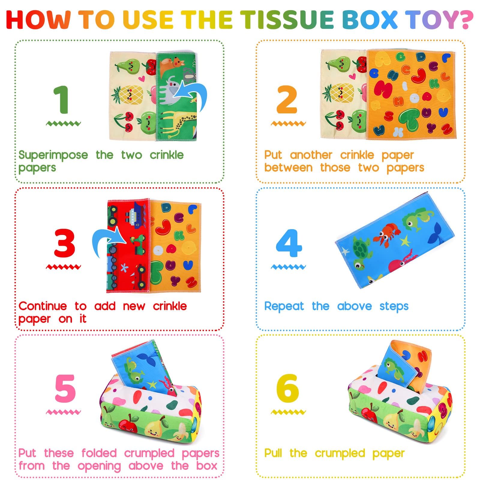 YOGINGO Baby Toys 6 to 12 Months - Tissue Box Toy Montessori for Babies 6-12 Months, Soft Stuffed High Contrast Crinkle Infant Sensory Toys, Boys&Girls Kids Early Learning Gifts