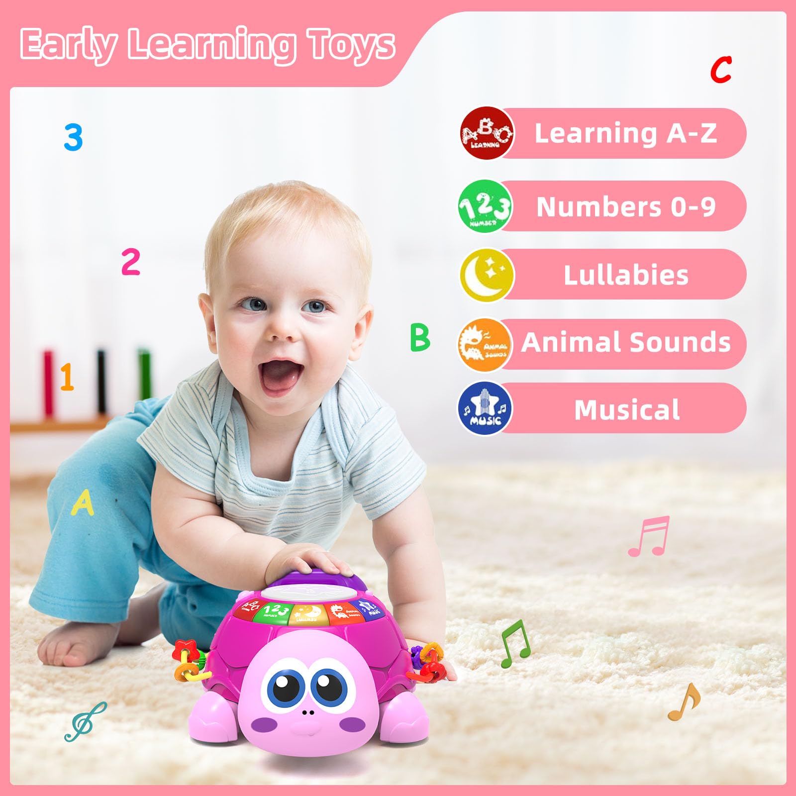 Hanayo Baby Musical Turtle Crawling Baby Girl Toys for 6-18 Months，Infant Early Learning Educational Toy，Baby Girl Gift Essentials for Newborn 7 8 9 11+ Months 1-2 Year Old(Pink)