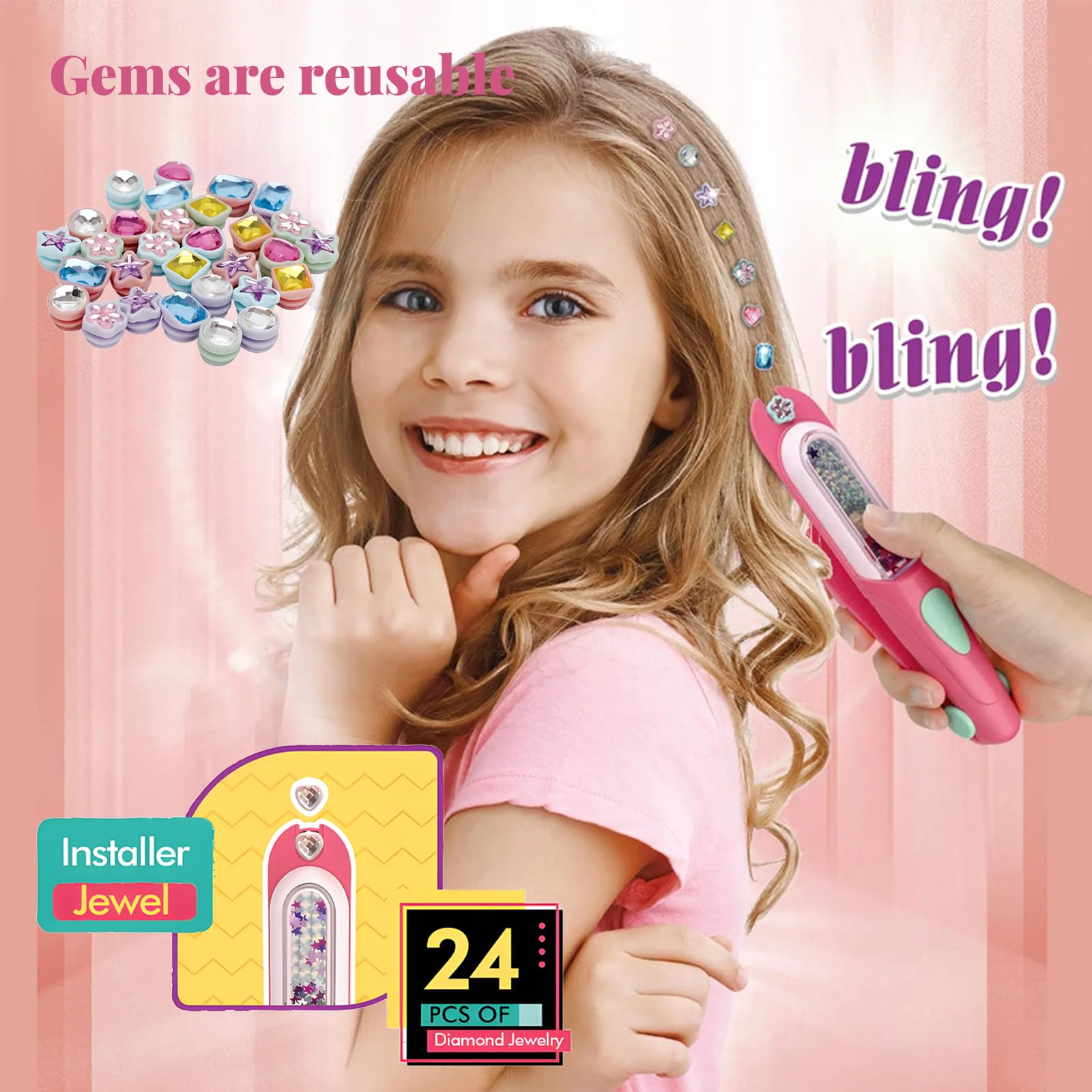 Hair Gem Stamper Kit, Hair Styling Tool with Reusable Shining Diamonds, Hair Accessories for Girls, Hair Bling Styling Set with 24 PCS Hair Gems for Girls, Gifts Toys for Girls Ages 3-12