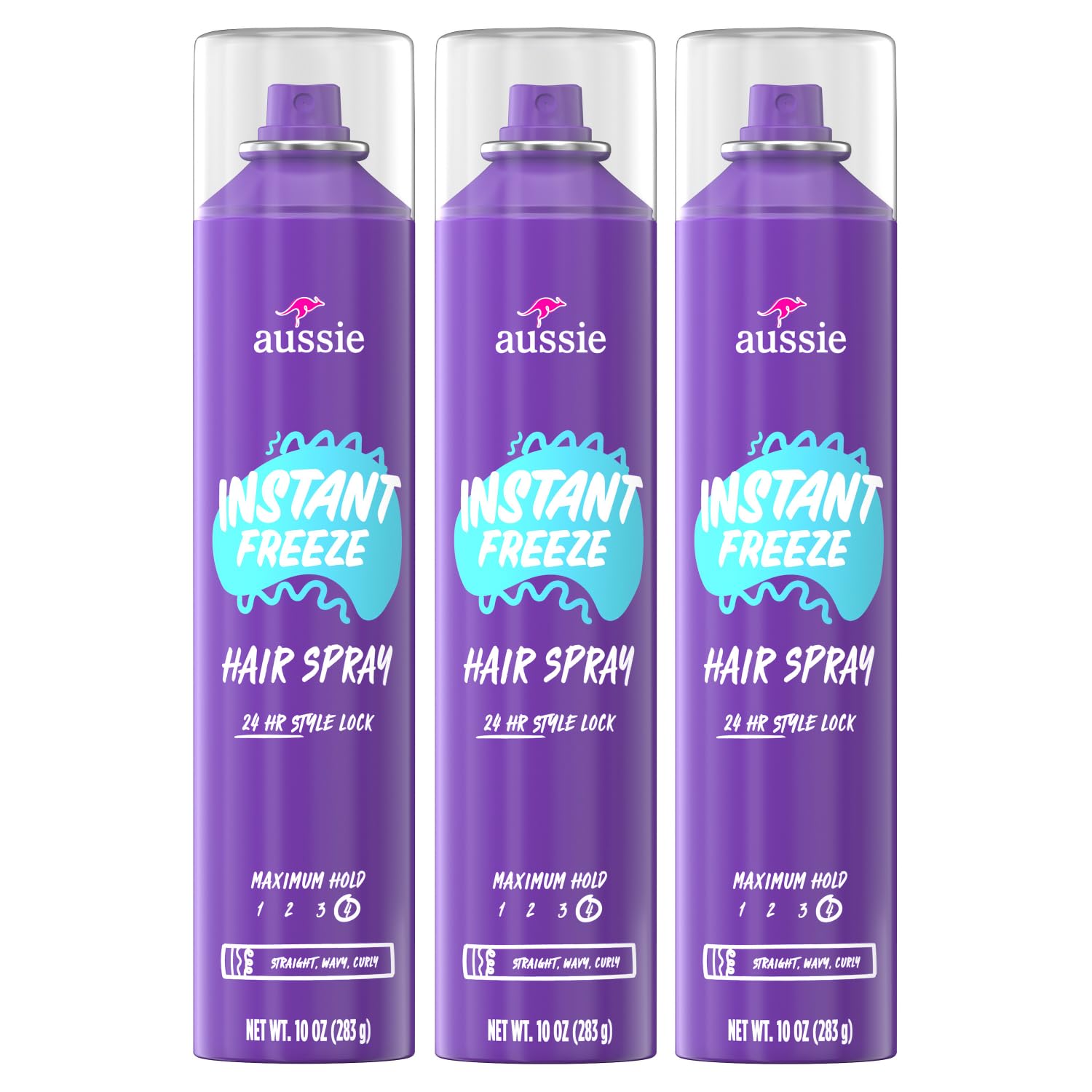 Aussie Instant Freeze Hair Spray for Extreme Hold, Infused with Jojoba Oil & Sea Kelp, Long-Lasting All-Day Hold, Fresh Citrus Scent, Safe for All Hair Types, 10 Fl Oz, 3 Pack