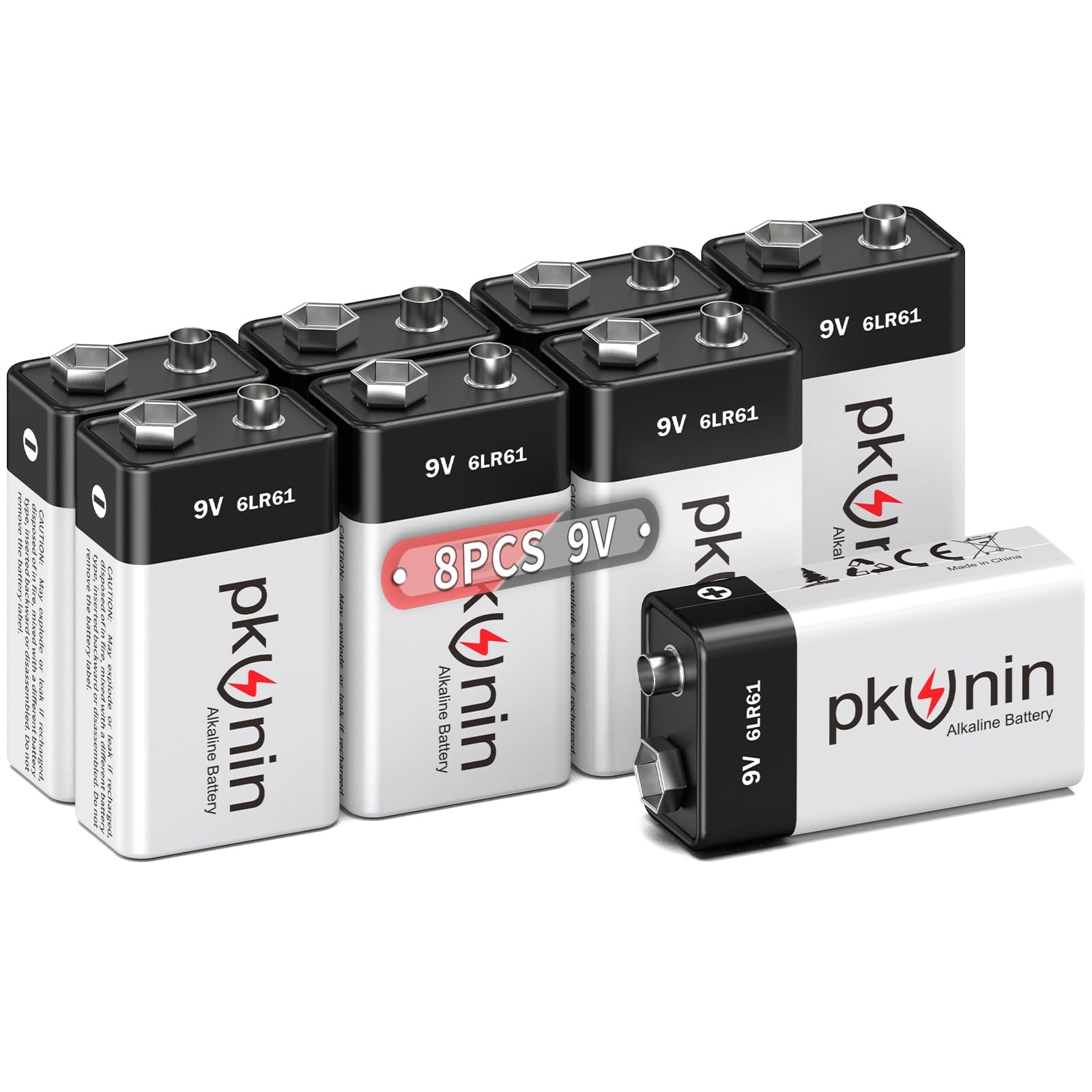 PKUNIN 9V Batteries Alkaline 9 Volt Battery for Smoke Detector 8 Pack, Long-Lasting Square 6LR61 Fire Alarm Batteries, 10-Year Shelf Life