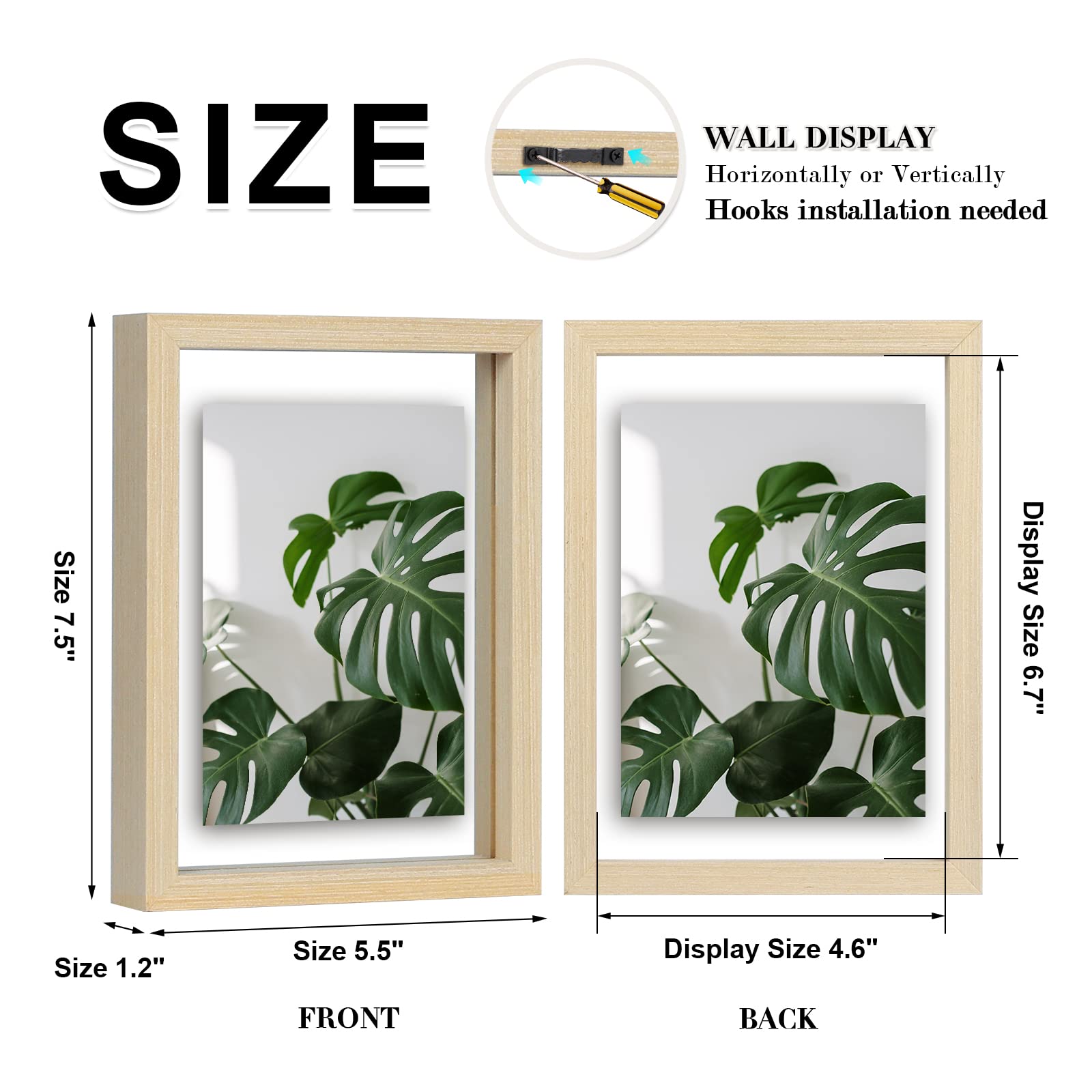 Egofine 5x7 Floating Frames Set of 2, Double Glass Picture Frame, Made of Solid Wood Display Any Size Photo up to 5x7, Wall Mount or Tabletop Standing, Natural Wood