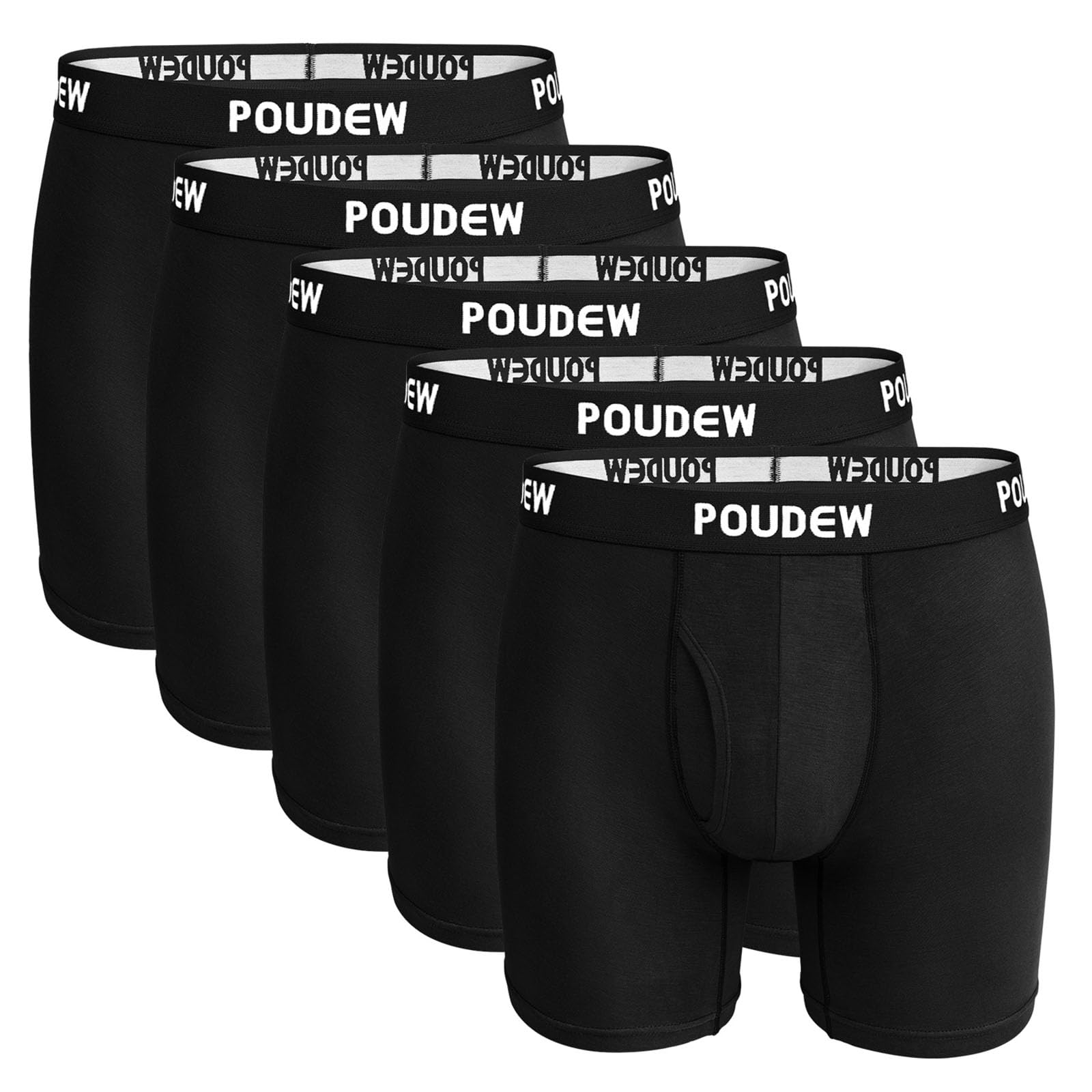 POUDEW Men's Breathable Viscose Moisture Wicking No Roll Waistband Tagless Underwear Boxer Briefs, Pack of 5 (X-Small, Black/Black/Black/Black/Black)