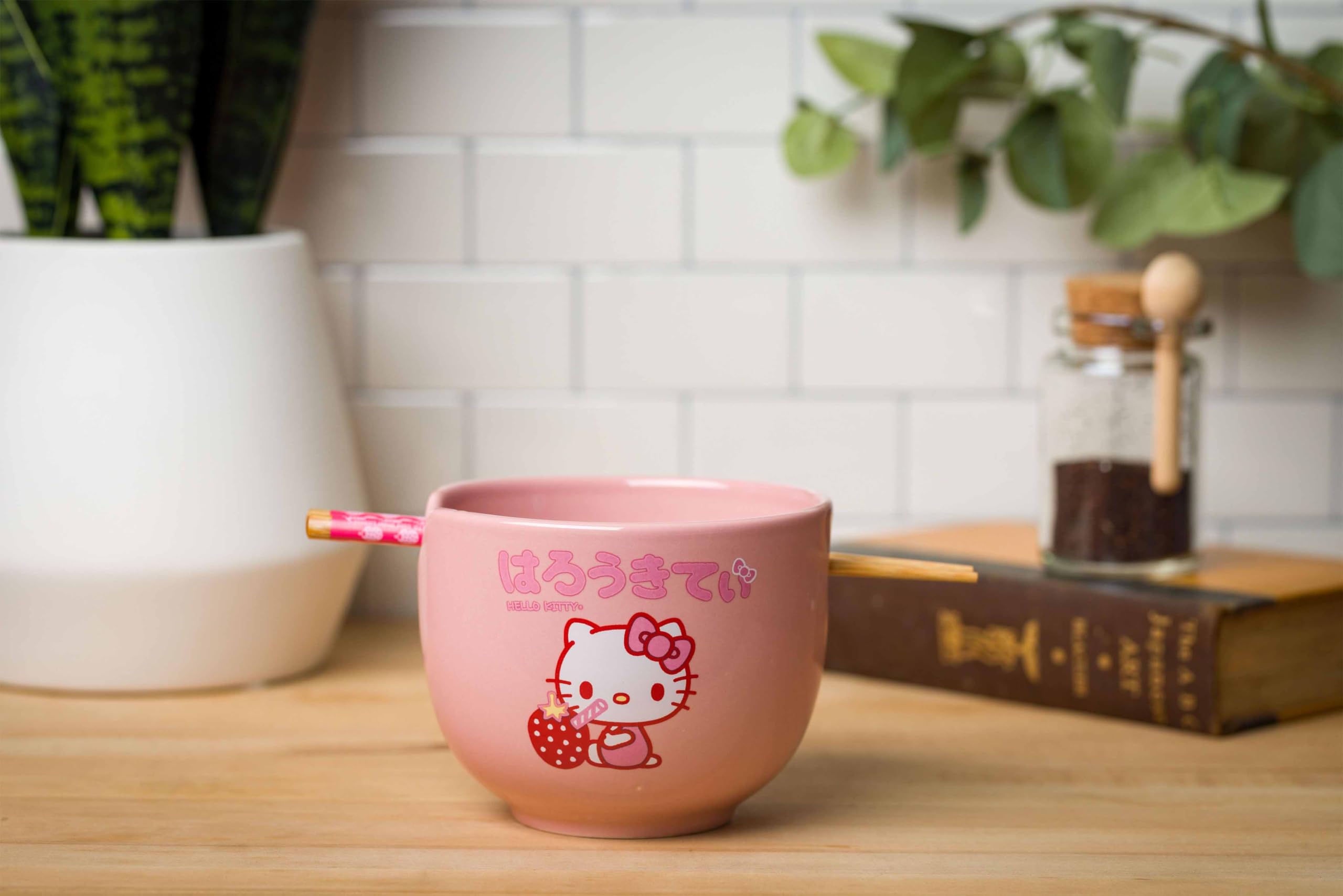 Silver Buffalo Sanrio Hello Kitty Strawberry Milk Japanese Character Ceramic Ramen Noodle Rice Bowl with Chopsticks, Microwave Safe, Pink, 20 Ounces