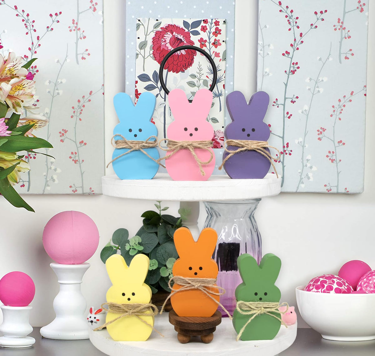 DAZONGE Easter Decorations - 6PCS Wood Bunny Peeps Easter Tiered Tray Decor Signs - Easter Shelf Sitter - Easter Decor for the Home - Spring Wood Decor