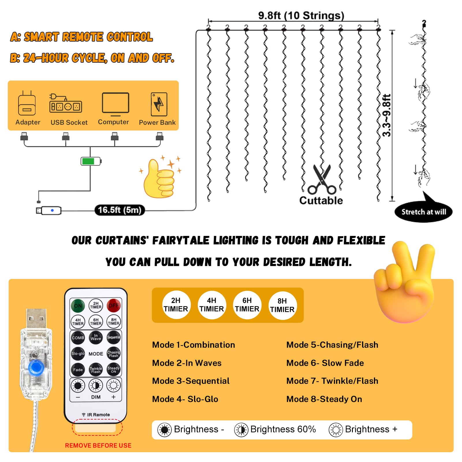 HXWEIYE 300LED Fairy Curtain Lights, 9.8x9.8Ft Warm White USB Plug in 8 Modes Christmas String Hanging Lights with Remote for Bedroom, Indoor, Outdoor, Weddings, Party