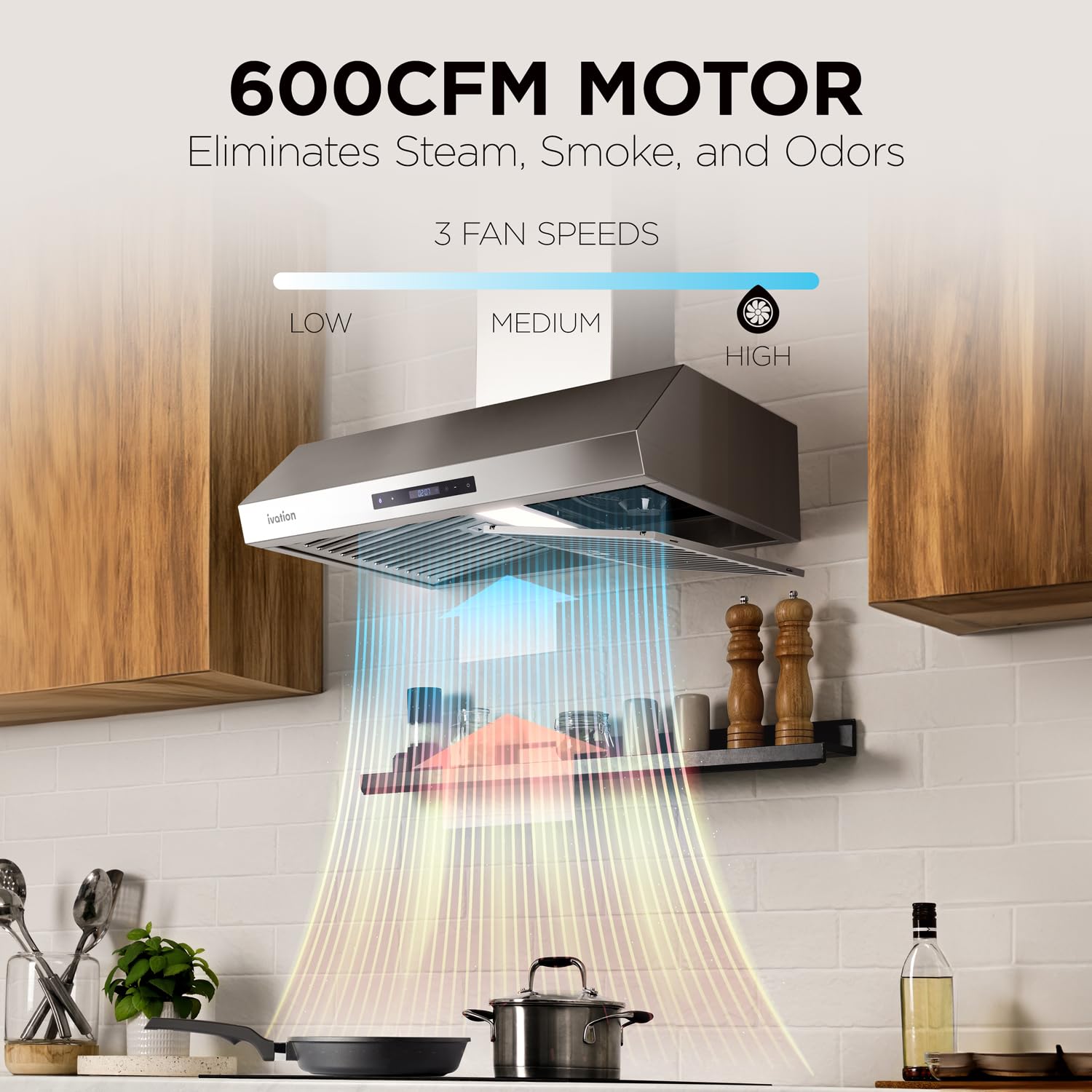 Ivation 30” Under Cabinet Range Hood - 600 CFM - 3-Way Venting - Built-In LED Light & Clock - Auto-Off Fan Timer - Dishwasher Safe Stainless Steel Baffle Filters