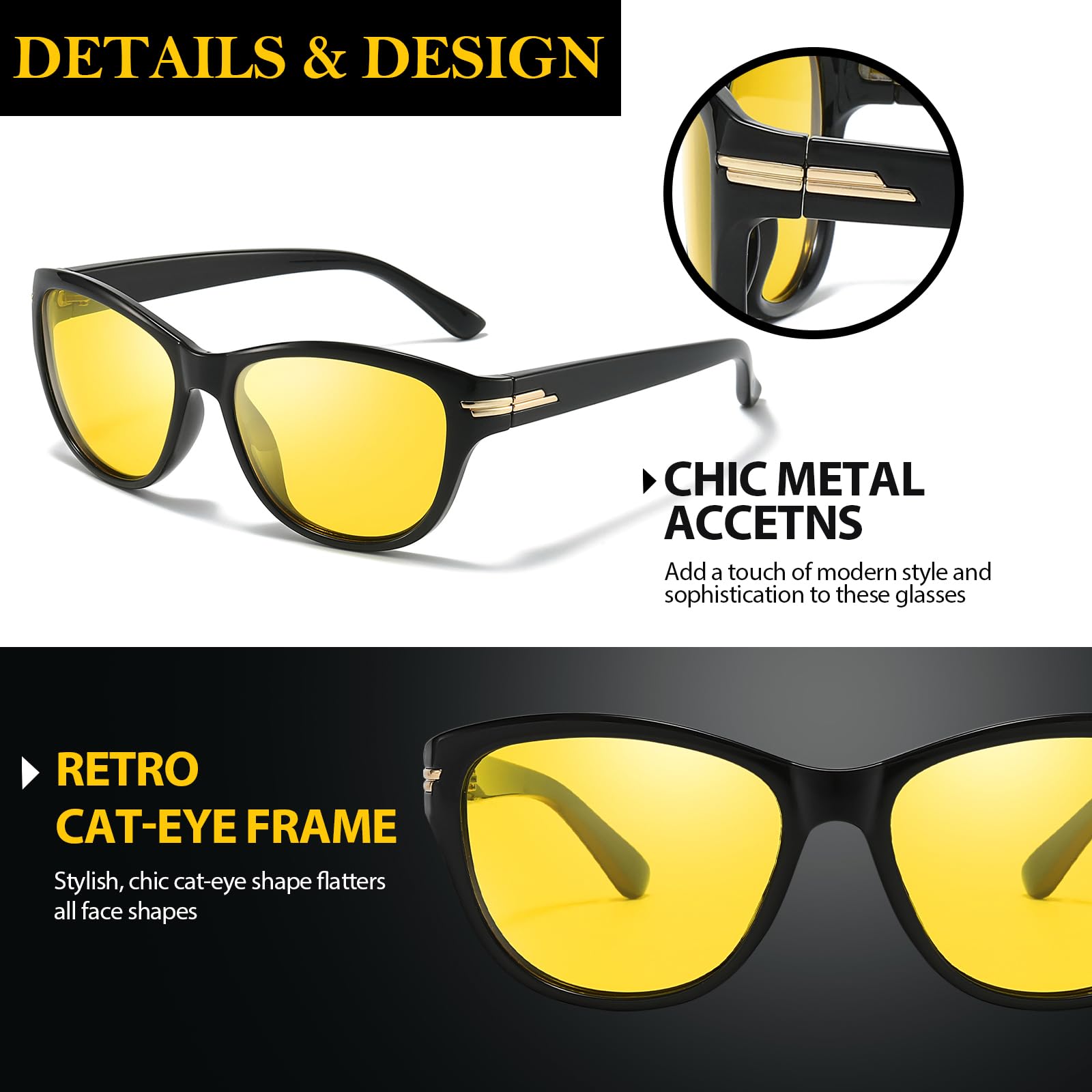 TJUTR Women’s Night Vision Driving Glasses, Polarized Yellow Tint Anti Glare & Enhanced Vision Eyewear Night Time TN2317-V26