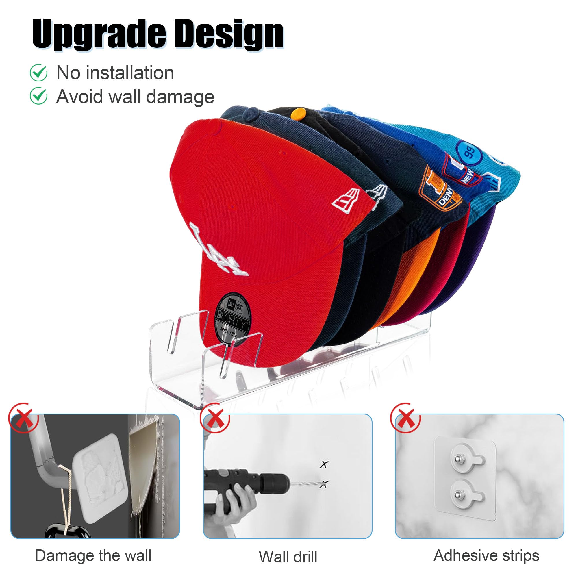 Innersoulful Acrylic Hat Organizer for Baseball Caps, 2PCS Baseball Hat Storage Organizer, No Install Baseball Hat Rack, Cap Holder Organizer, Hat Holder for Closet, Hat Stand, Cap Organizer(Clear)