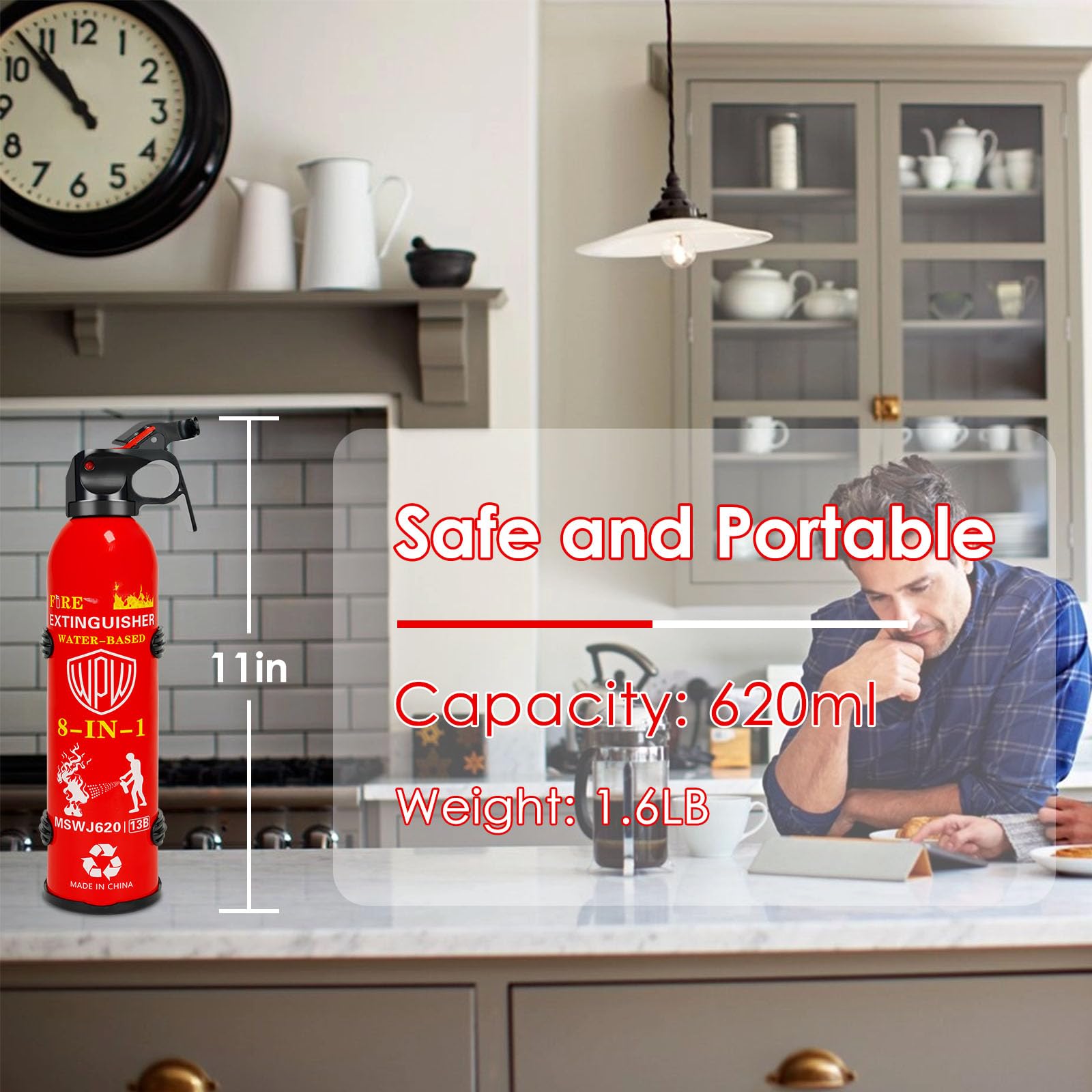 WPW Upgraded 8-in-1 Fire Extinguisher for Home with Wall Mount 620ml Portable Fire Extinguisher For Vehicle Car Boat House Kitchen Emergency Supplies, Water-Based Solution For A, B, C, K Fire (2 Pack)