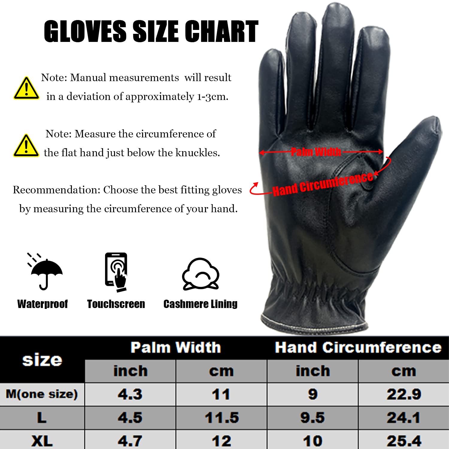 VICSPORT Men's Touchscreen Texting Leather Gloves Winter Warm Black Soft Gloves Cashmere Lining