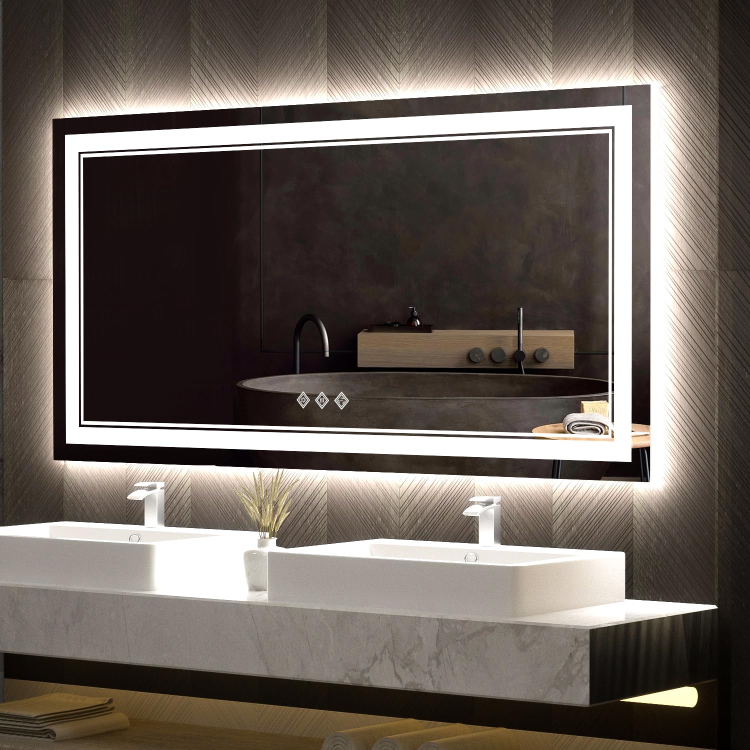 VanPokins Bathroom Vanity Mirror, 48x24 Inch Gradient Front and Backlight Bathroom Mirror, 3 Colors Dimmable CRI>90 Double Lights, IP54 Enhanced Anti-Fog, Hanging Plate Wall Mount LED Bathroom Mirror