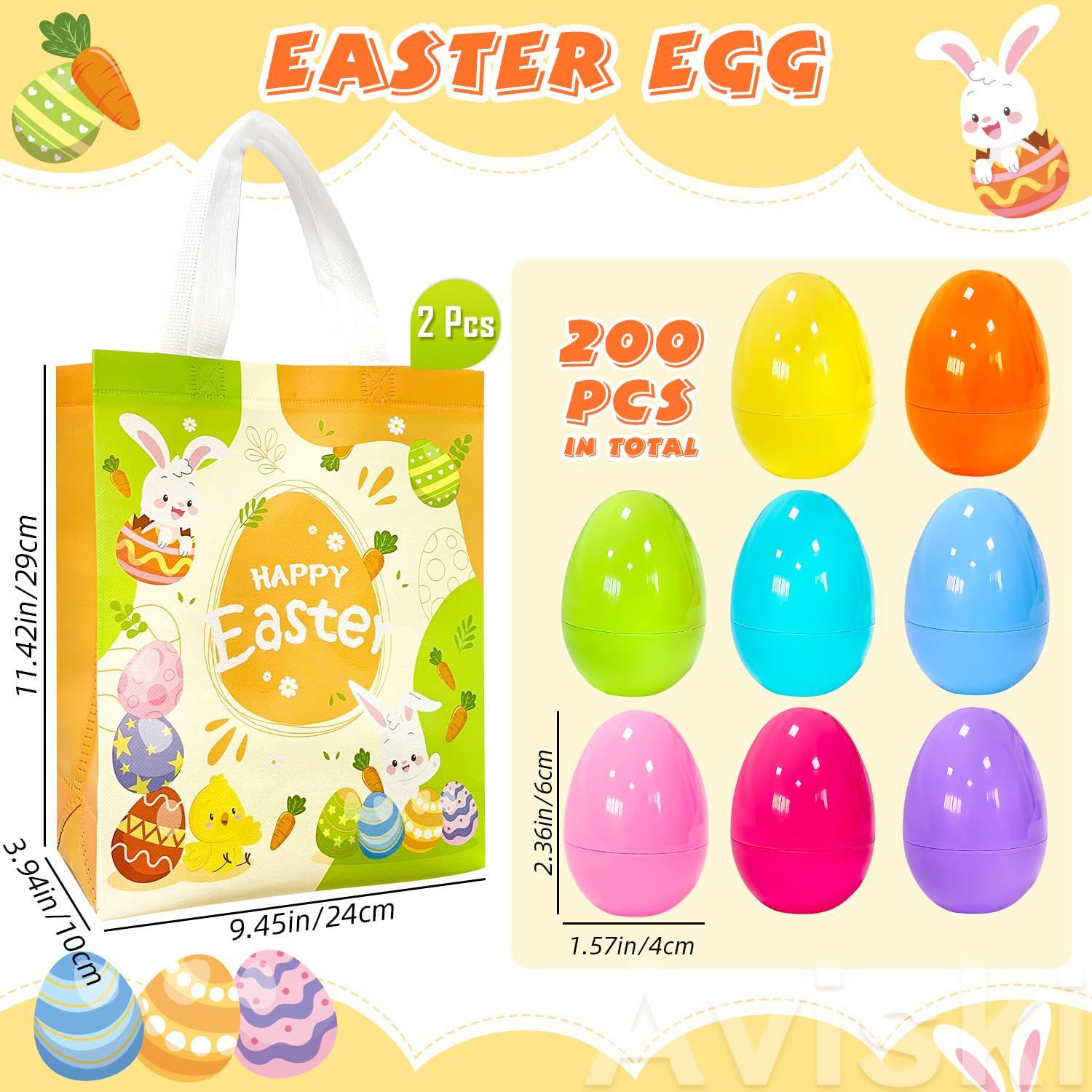 Aviski 200Pcs 2.36inch Colorful Easter Plastic Eggs for Kids Egg Hunt Basket Bag Empty Stuffers Fillers with 2pcs Cute Non Woven Bags, Toys Filling Treats and Easter Theme Party Supplies Favor