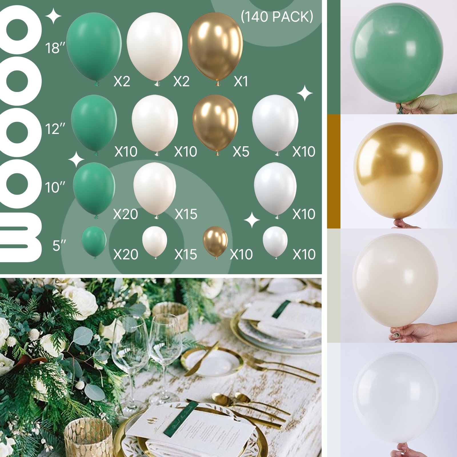 PartyWoo 140 pcs Olive Green Balloon Arch Kit, Sage Balloon Garland With Cream White, Metallic Gold, Retro Green Balloons for Birthday, Baby Shower, Wedding