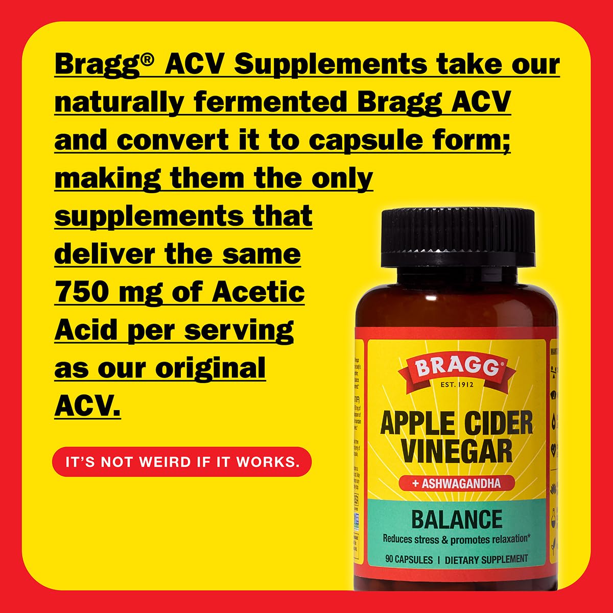 Bragg Daily Balance Apple Cider Vinegar and Sensoril Ashwagandha Capsules - 750mg of Acetic Acid – Energy & Weight Management Support - (90 Pills)