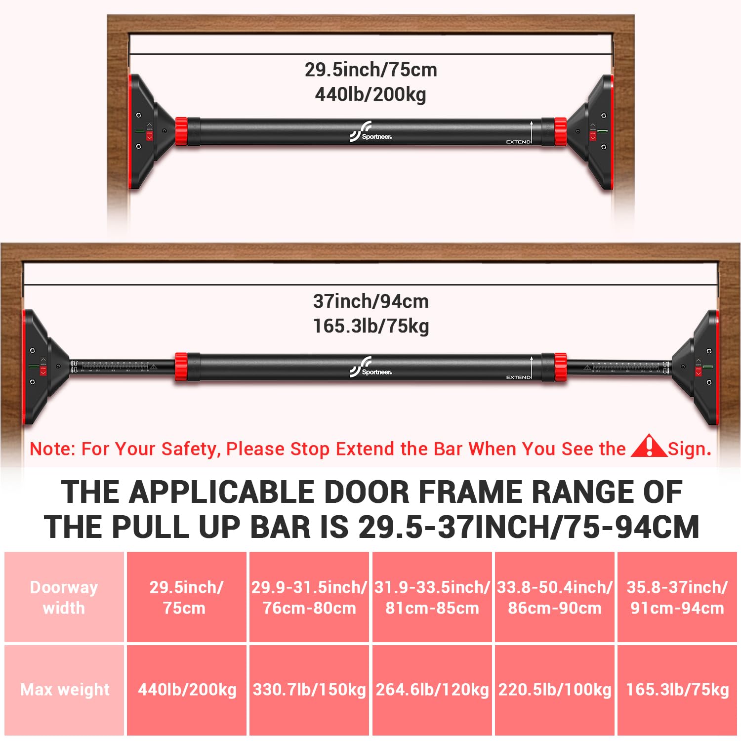 Sportneer Pull Up Bar: Strength Training Pull-up Bars without Screw - Adjustable Width Locking Mechanism Chin Up Bar, Thickened Steel Max Limit 440 lbs Upper Body Fitness Pullup Bars for Home (Black-Red)