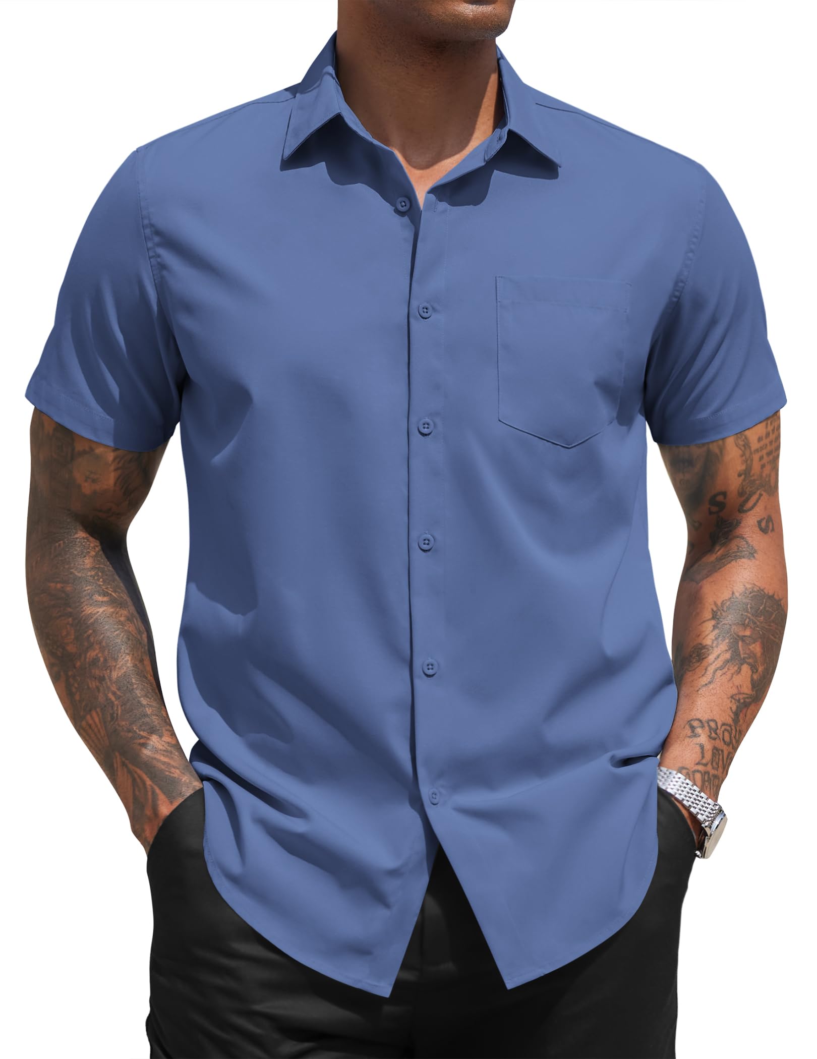 COOFANDY Mens Casual Dress Shirt Short Sleeve Business Attire Regular Fit Polyester Wrinkle Free Button Down Shirts with Pocket Navy Dark Blue Large