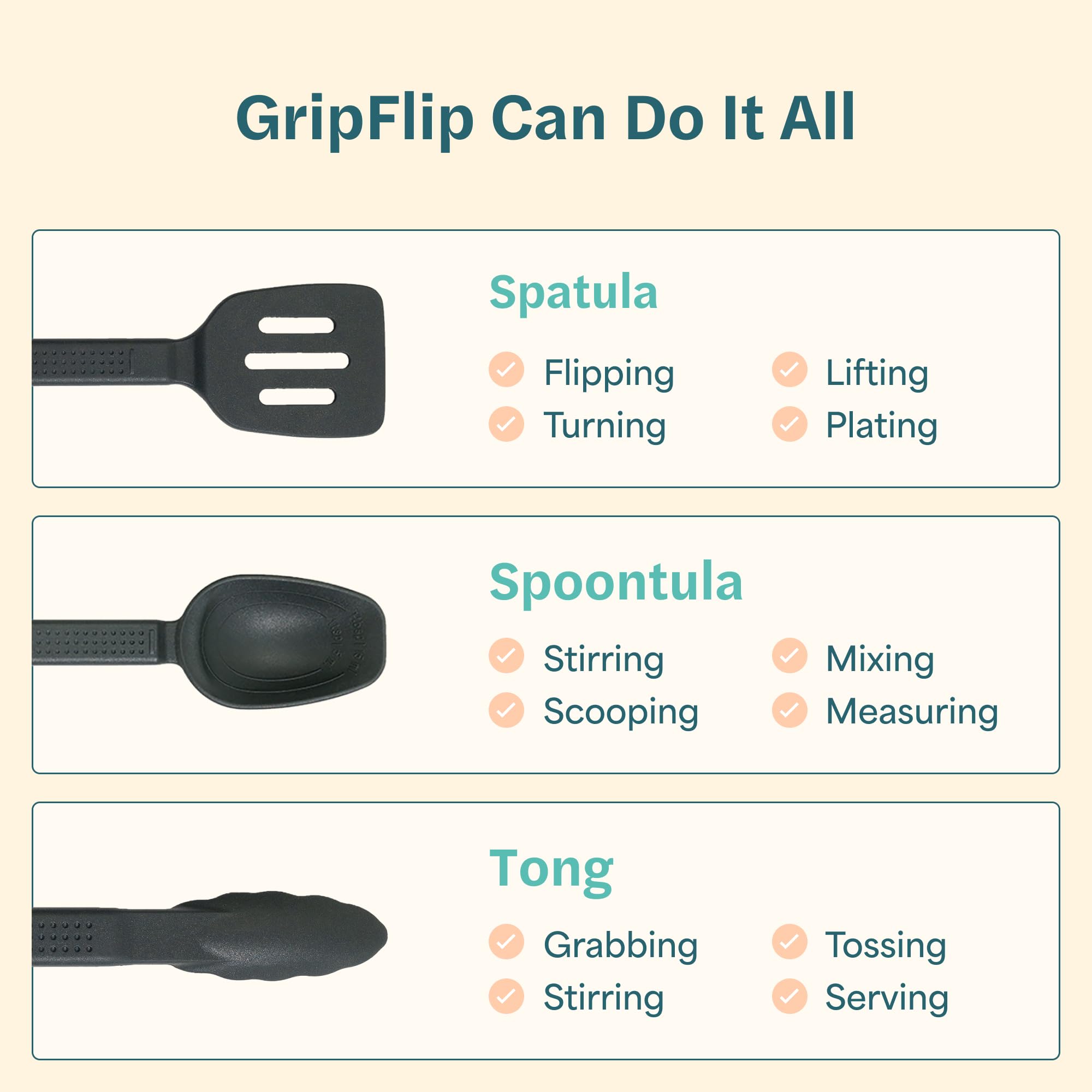 GripFlip: 3-in-1 Kitchen Utensils Set | Spatula, Tongs & Spoontula | 7 Pcs | Non-stick, Heat-resistant, BPA-free Silicone Cooking Utensils Set with Extendable & Interchangeable Inserts