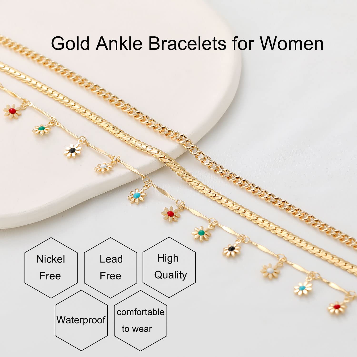 Honsny Gold Ankle Bracelets for Women,14K Gold Plated Cuban Link Anklets Set Layered Anklets for Women