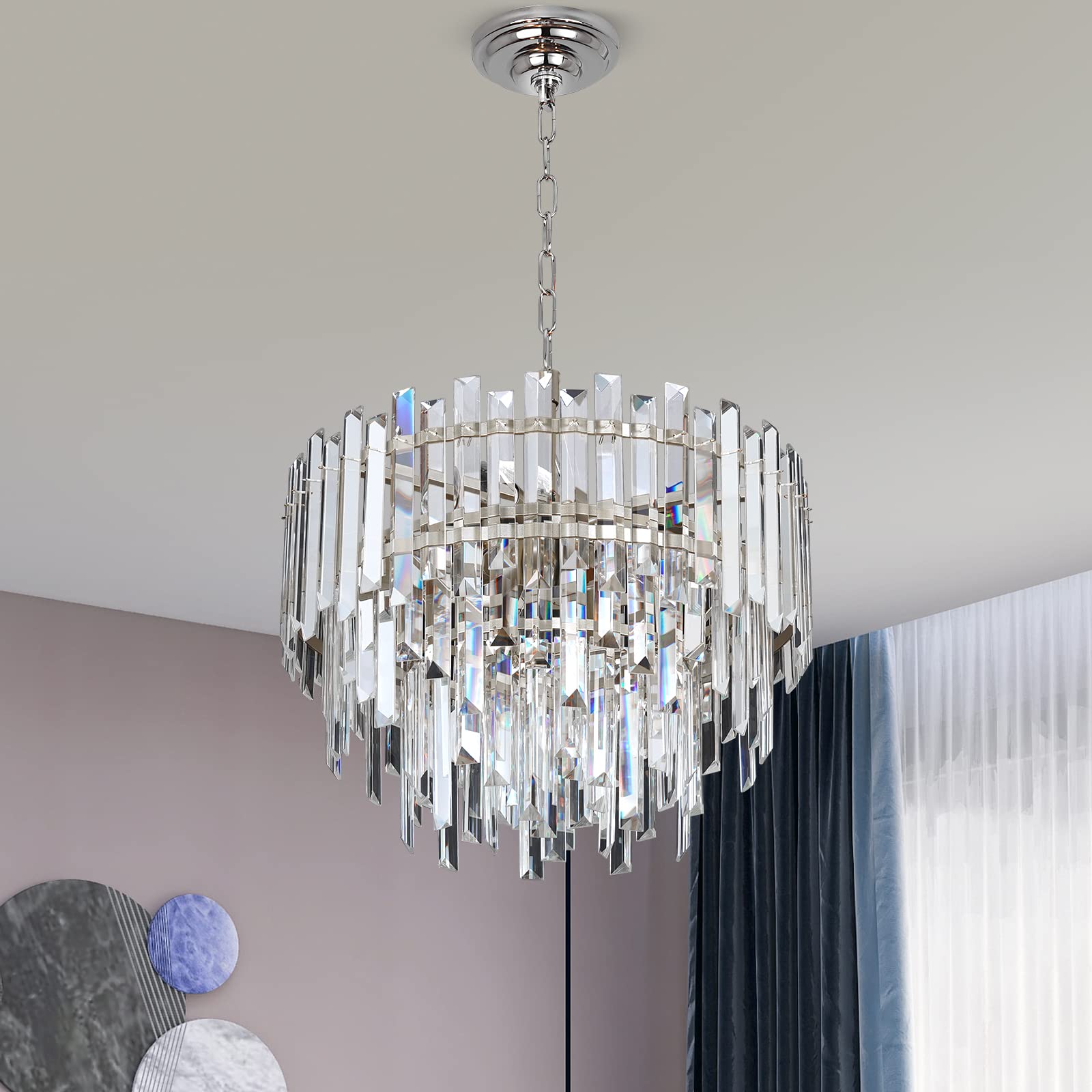 Lt-vt Chrome Crystal Chandelier Lighting 17.7'' for Dining Rooms Bedroom Foyer Entryway Ceiling Hanging Pendant Chandelier Light Fixture Lamp