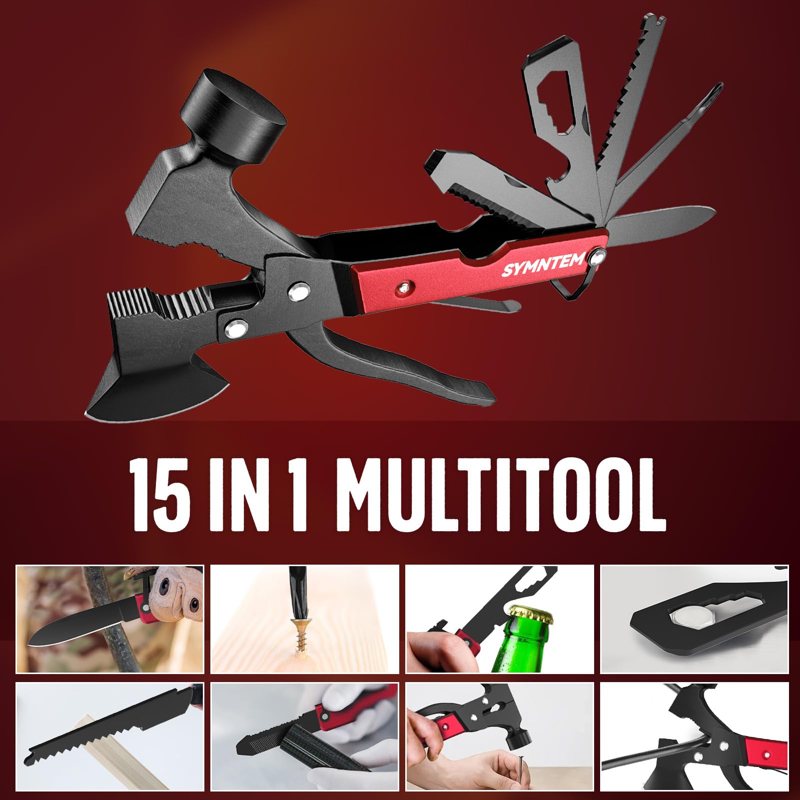 15-in-1 Multitool Axe Hatchet,Christmas Gifts for Men,Cool Gadgets Camping Accessories Multitool Must Haves for Adults Men, Stocking Stuffers for Him, Gifts for Men,Red