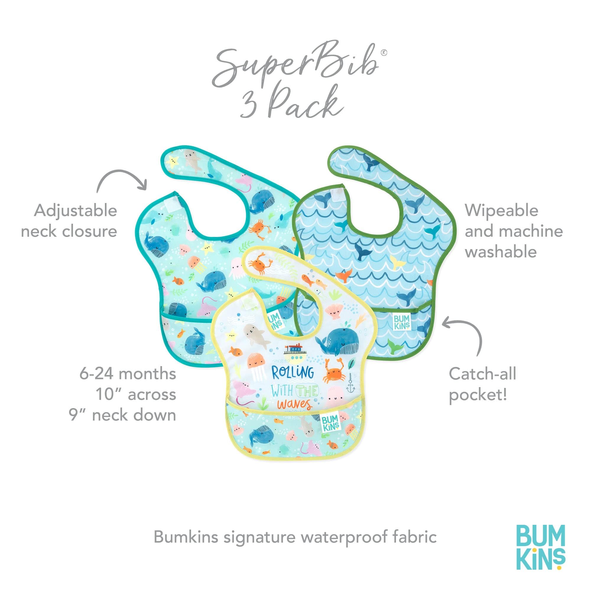 Bumkins Bibs for Girl or Boy, SuperBib Baby and Toddler 6-24 Months, Essential Must Have for Eating, Feeding, Baby Led Weaning Supplies, Mess Saving Catch Food, Waterproof Fabric 3-pk Blue Ocean Life