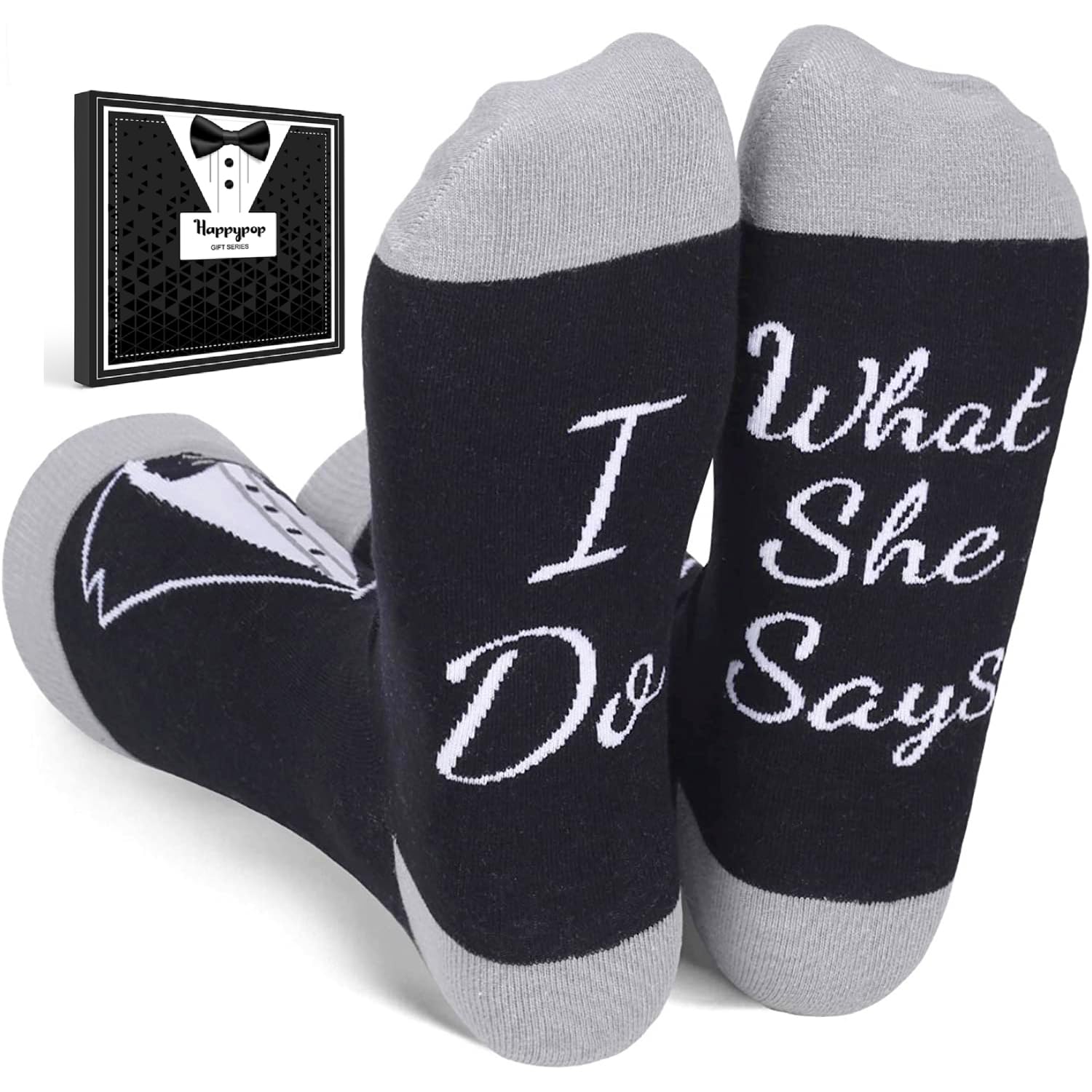 HAPPYPOP Groom Gifts from Bride I Do - Wedding Socks for Groom, Black Tuxedo Socks