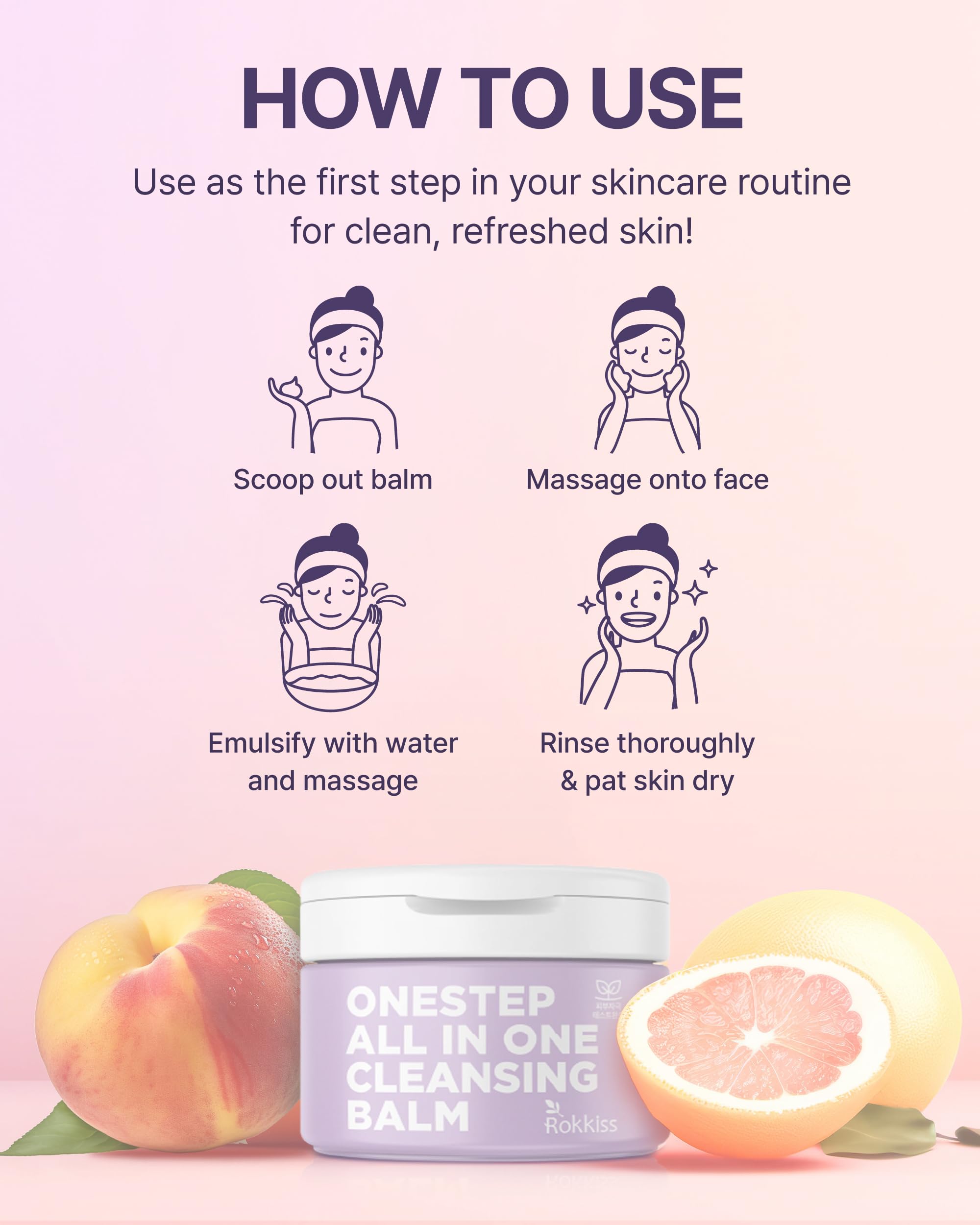 ROKKISS One-Step Cleansing Balm (5.1fl oz) - pH-Balanced Gentle Daily Facial Cleansing and Makeup Remover. Shea Butter, Grapefruit and Peach Extracts.