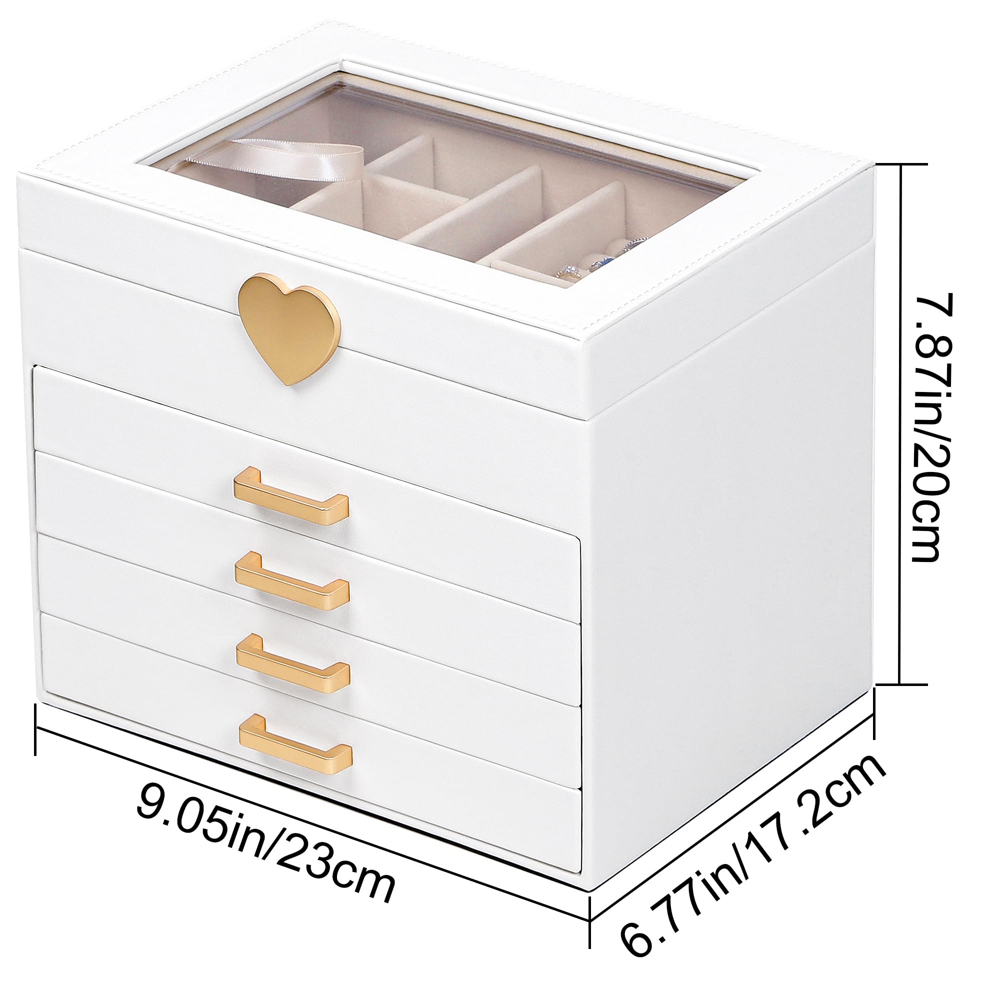 Kendal Jewelry Box, 5-Layer Jewelry Organizer Box with Glass Lid, Brass Gold and White, Heart Shaped PU Leather, Storage Box for Necklace Earrings Rings Bracelets, Gift Idea for Girls LJC4DRWH