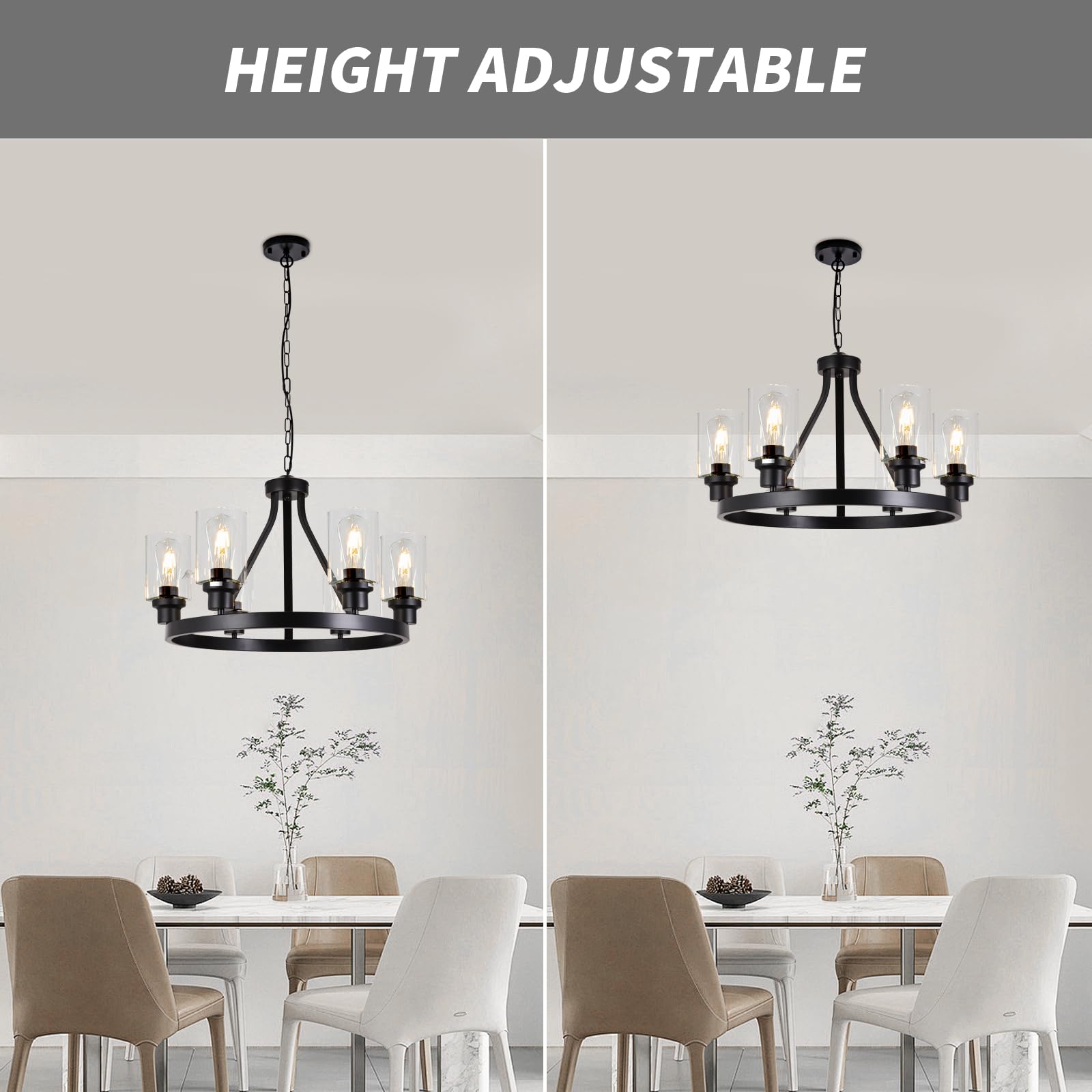 Lanhall 6-Light Farmhouse Chandelier Light Fixture Dining Room Lighting Fixtures Hanging Wagon Wheel Chandelier Kitchen Island Pendant Lights Modern Black Industrial Rustic Adjustable Height Metal