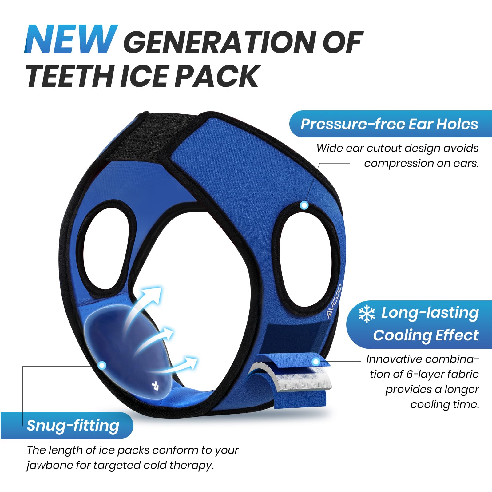 AVCOO Wisdom Teeth Ice Pack Head Wrap with Aluminum Foil Layer for Longer Cold Therapy, Jaw Ice Pack for Face with Ear Cutout Design for Snug Fit, 4 Reusable Ice Bags for Facial Oral Surgery, TMJ Pain