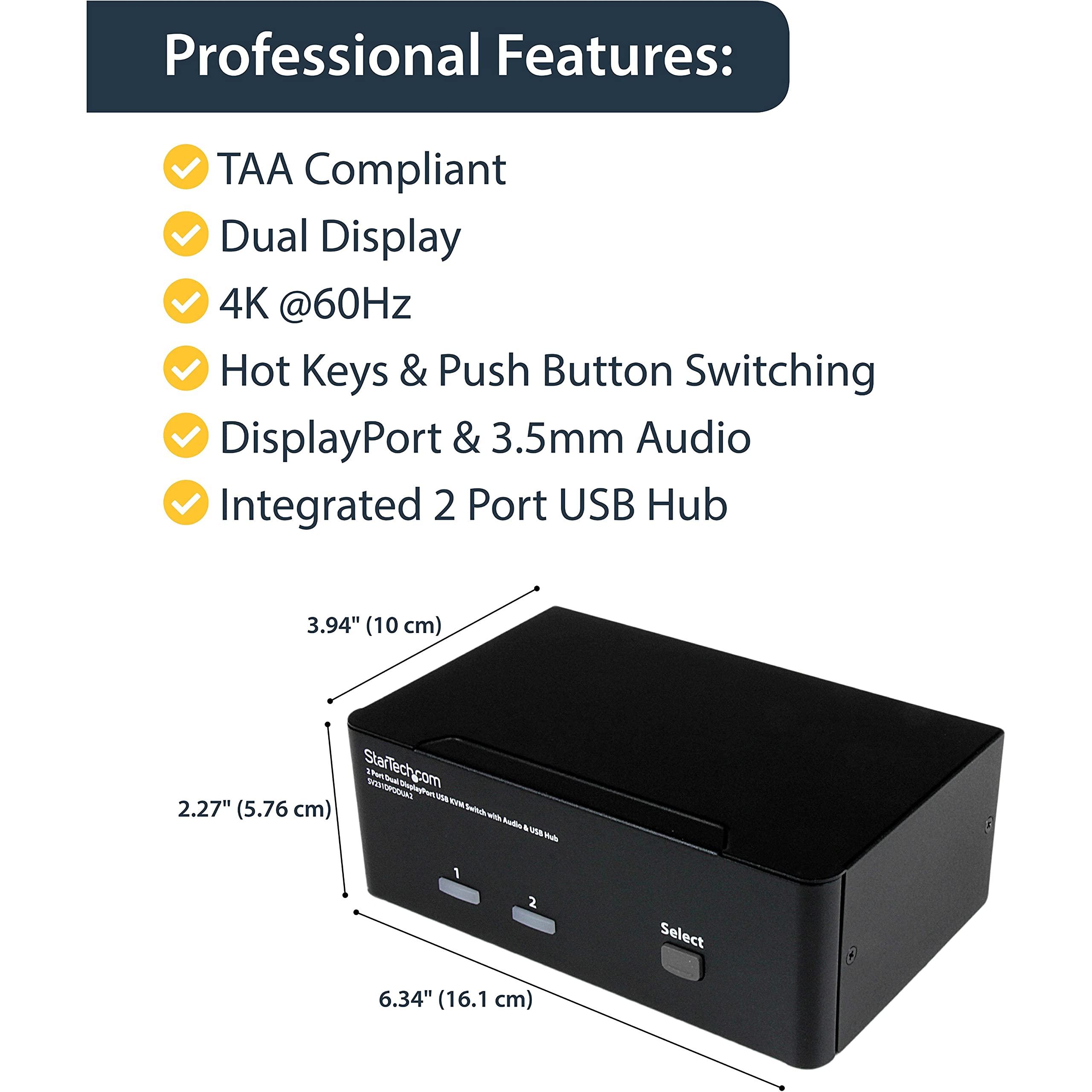 StarTech.com 2-Port DisplayPort KVM Switch - Dual-Monitor - 4K 60 - with Audio & USB Peripheral Support - DP 1.2 - USB Hub, TAA (SV231DPDDUA2)