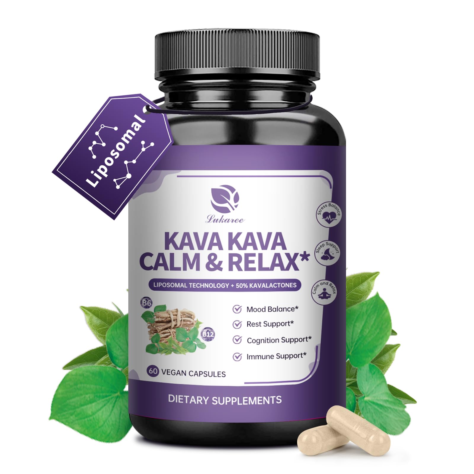 Kava Kava Root Extract Supplement - Liposomal Kava Capsules with L Theanine 200mg, 50% Kavalactones, Relax Calming Kava Extract, Vitamin B6, B12 - for Sleep, Mood, Cognitive & Immune Support, 60CT