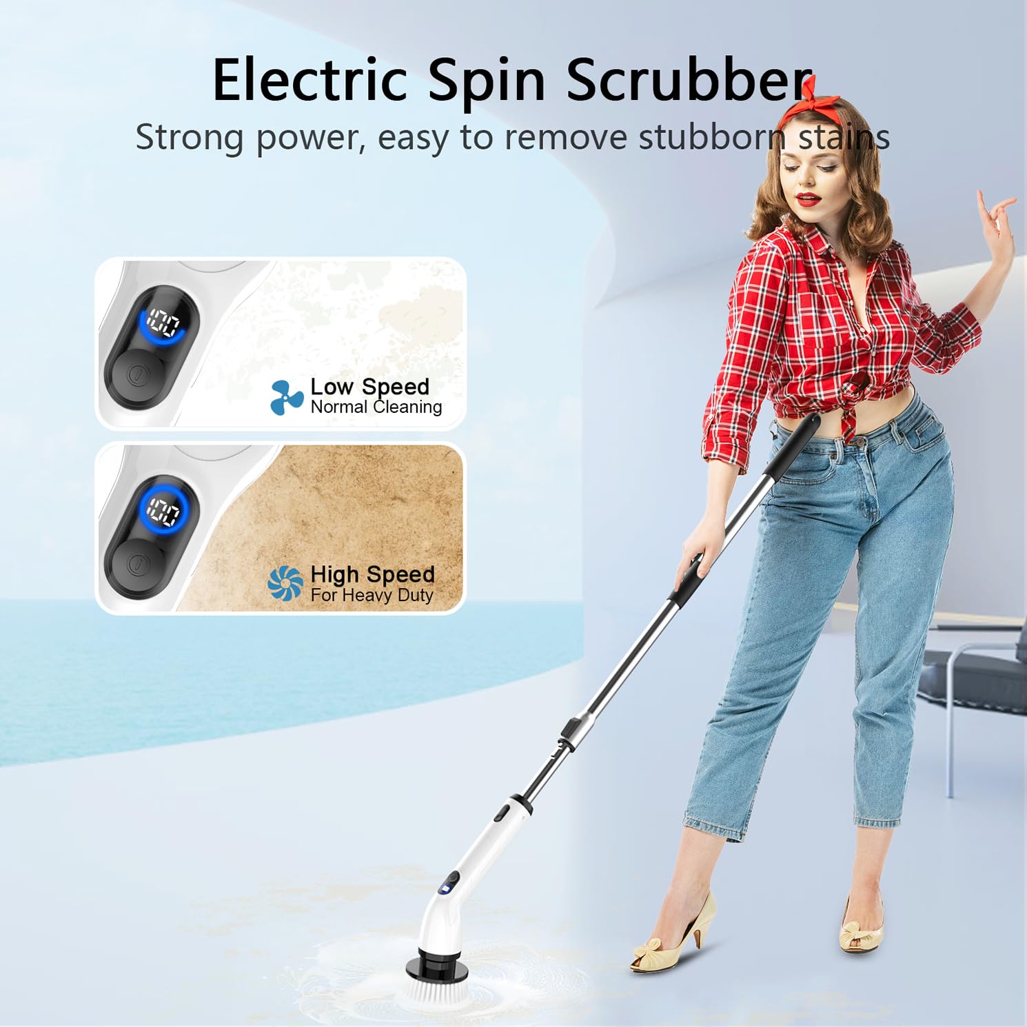 TUYU Electric Spin Scrubber, New Full-Body IPX7 Waterproof Bathroom Scrubber with Power LCD Display, Adjustable Extension Handle, Cordless Electric Cleaning Brush for Bathroom, Kitchen Cleaning