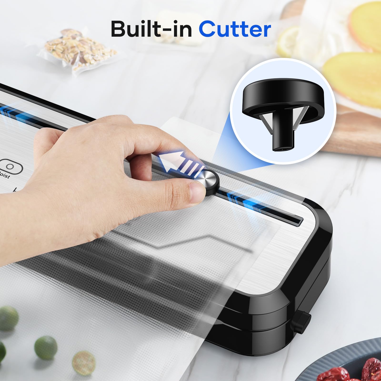 Vacuum Sealer for Food, Multi-Functional Vacuum Sealer Machine Compact Air Sealing System with Build-in Cutter, LED Indicator Dry & Moist Modes with 15 Vacuum Bags for Food Vacuum Sealing (Silver)