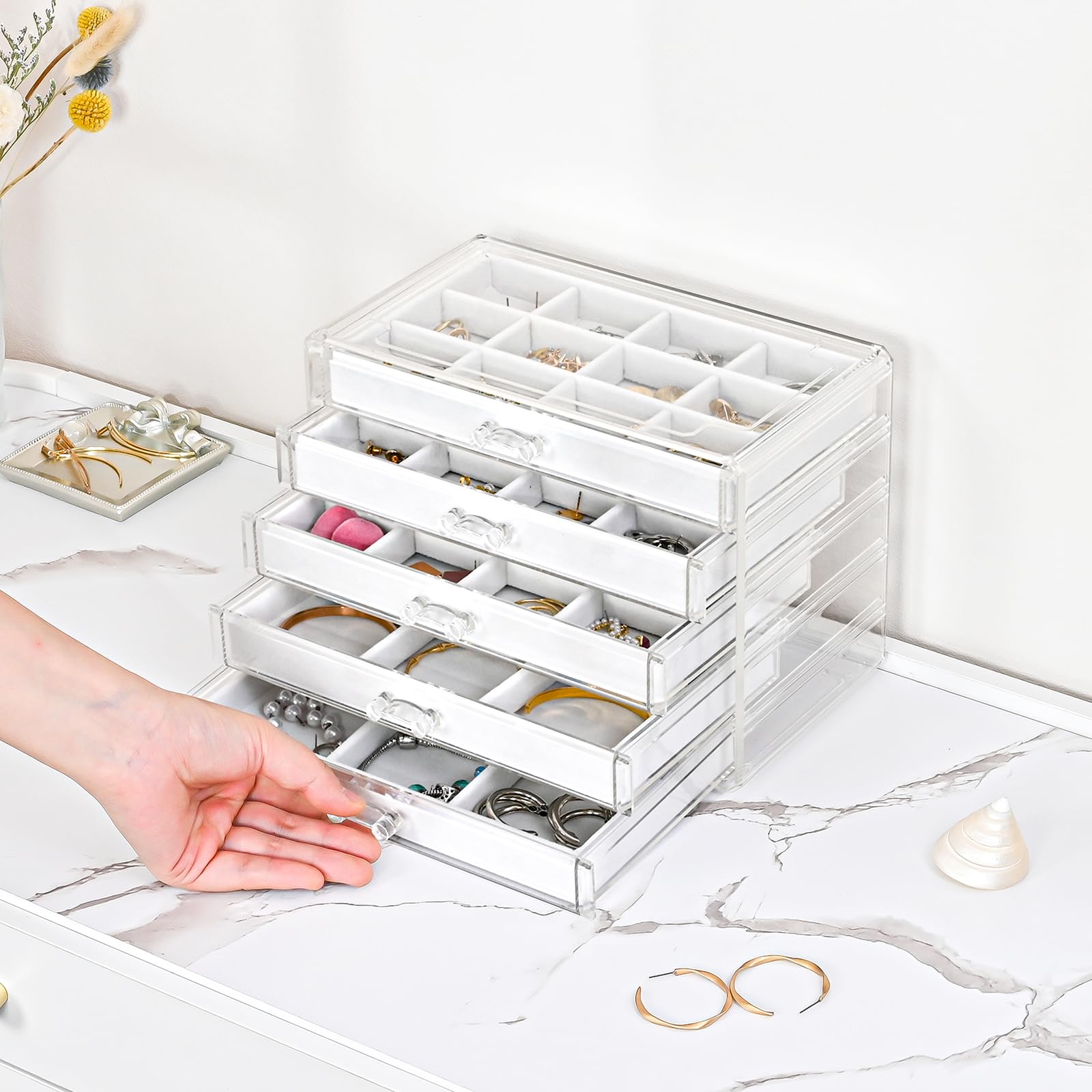 ProCase Earring Holder Organizer Jewelry Box with 5 Drawers Mothers Day Gift, Acrylic Clear Earring Case with Adjustable Velvet Trays for Women - Warmwhite,5 Layers