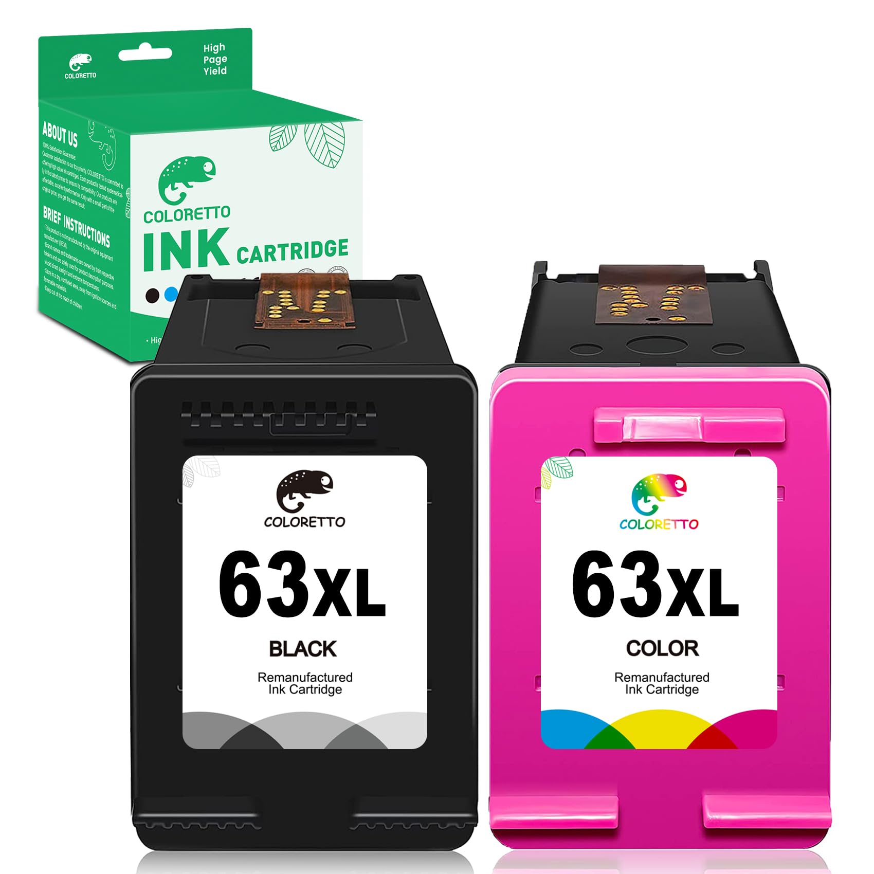 COLORETTO Remanufactured Printer Ink Cartridge Replacement for HP 63XL to use with Envy 4520 4516 Officejet 5255 5258 DeskJet 1112 3632 3639 1112 2130 3632 3633 3634 (1 Black+1 Color) Combo Pack