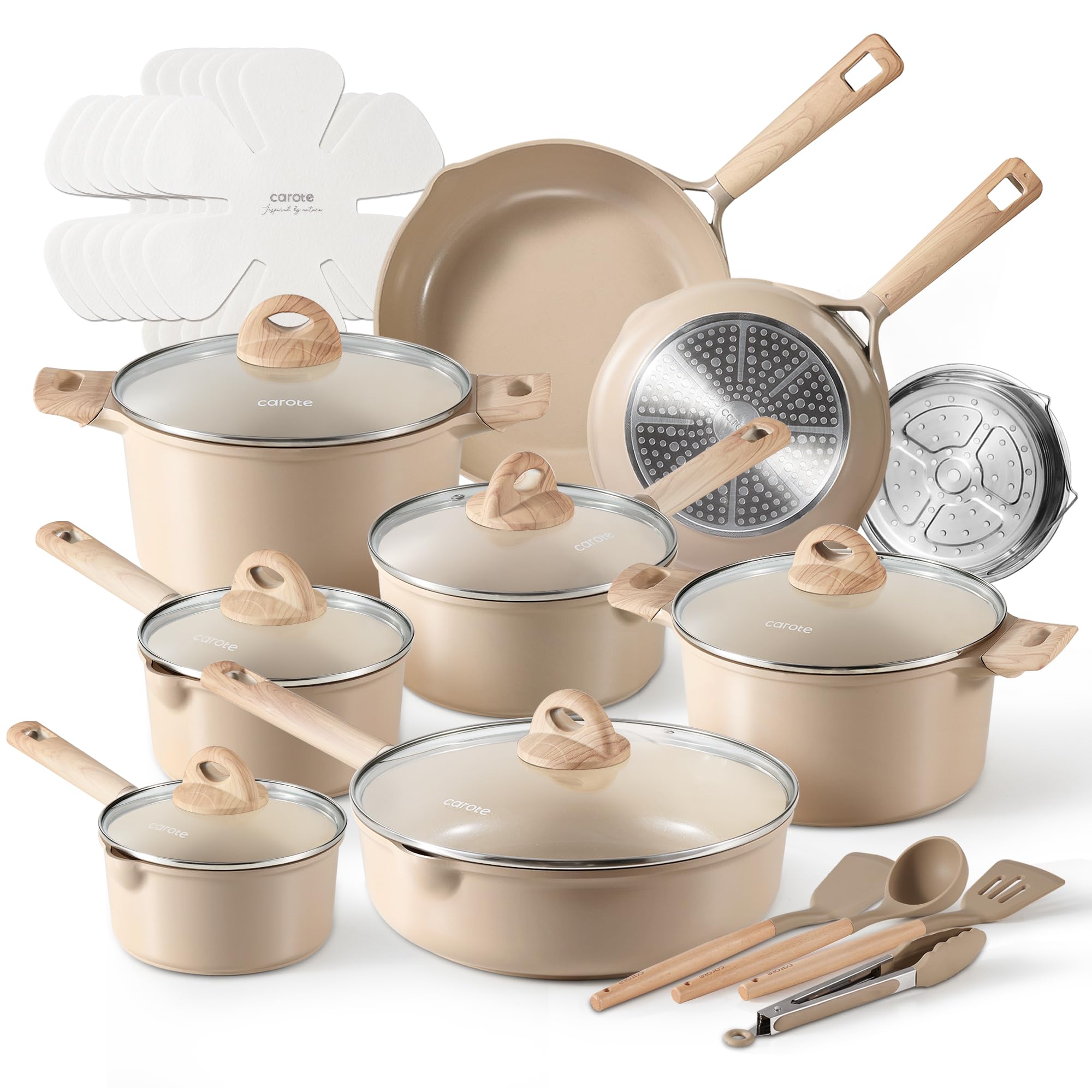 CAROTE 25pcs Ceramic Pots and Pans Set, Healthy Kitchen Cookware Sets, Kitchen Induction Pots and Pans Cooking Sets, Taupe