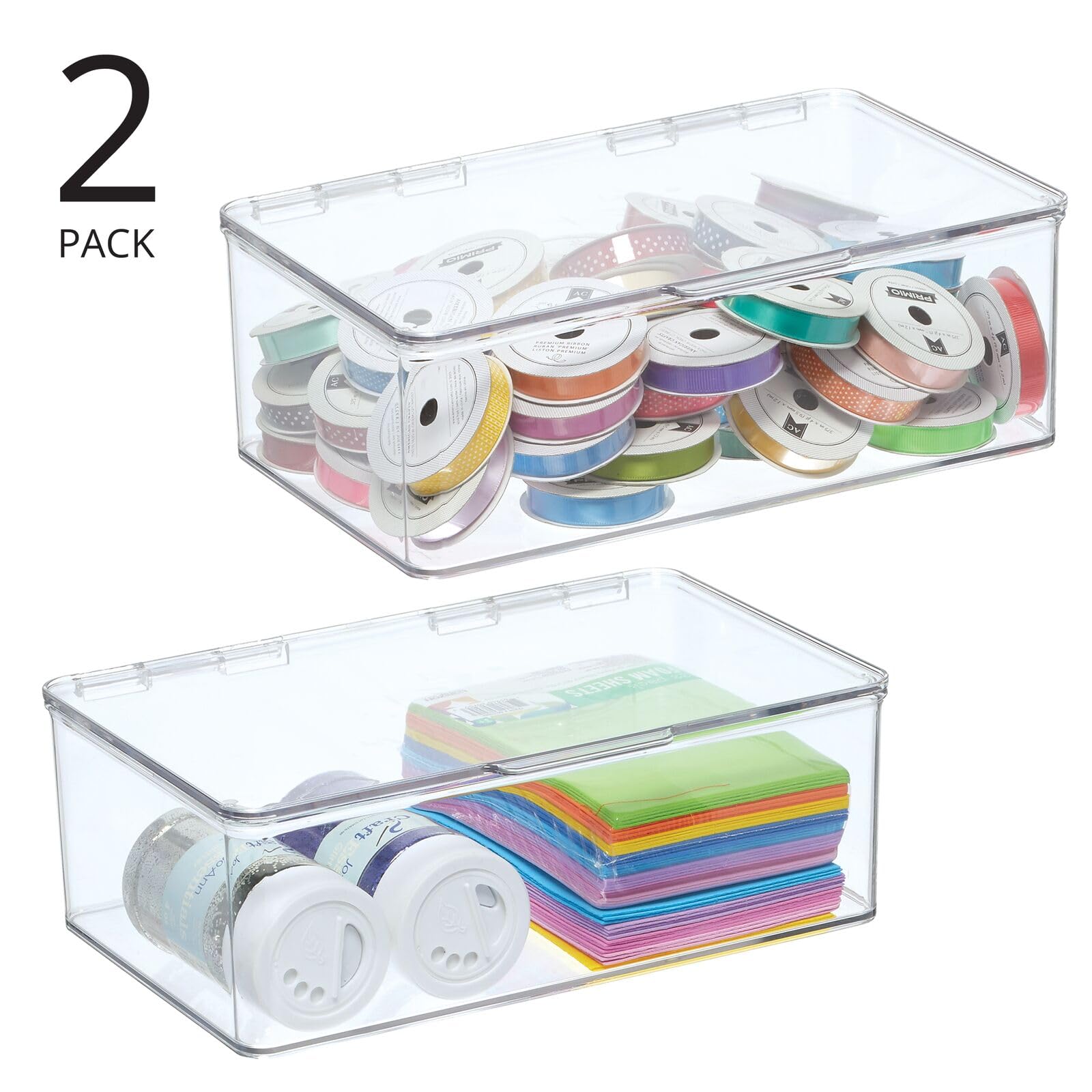 mDesign Plastic Craft Stackable Storage Organizer w/Hinged Lid - Easy-to-Carry Crayon, Bead, Sewing, Hobby Supply Container - Arts and Crafts Organizer Storage Box - Lumiere Collection, 2 Pack, Clear