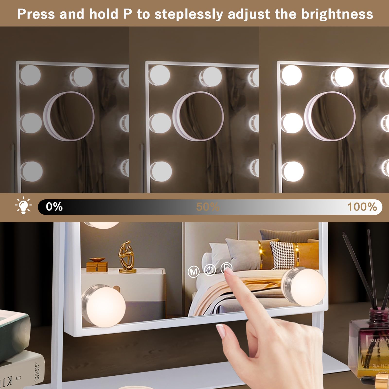 Hansong Vanity Mirror with Lights Lighted Makeup Mirror with 9 LED Bulbs Plug in Light Up Makeup Mirror with Lights 360 Rotation with 10x Magnifying Mirror Tabletop