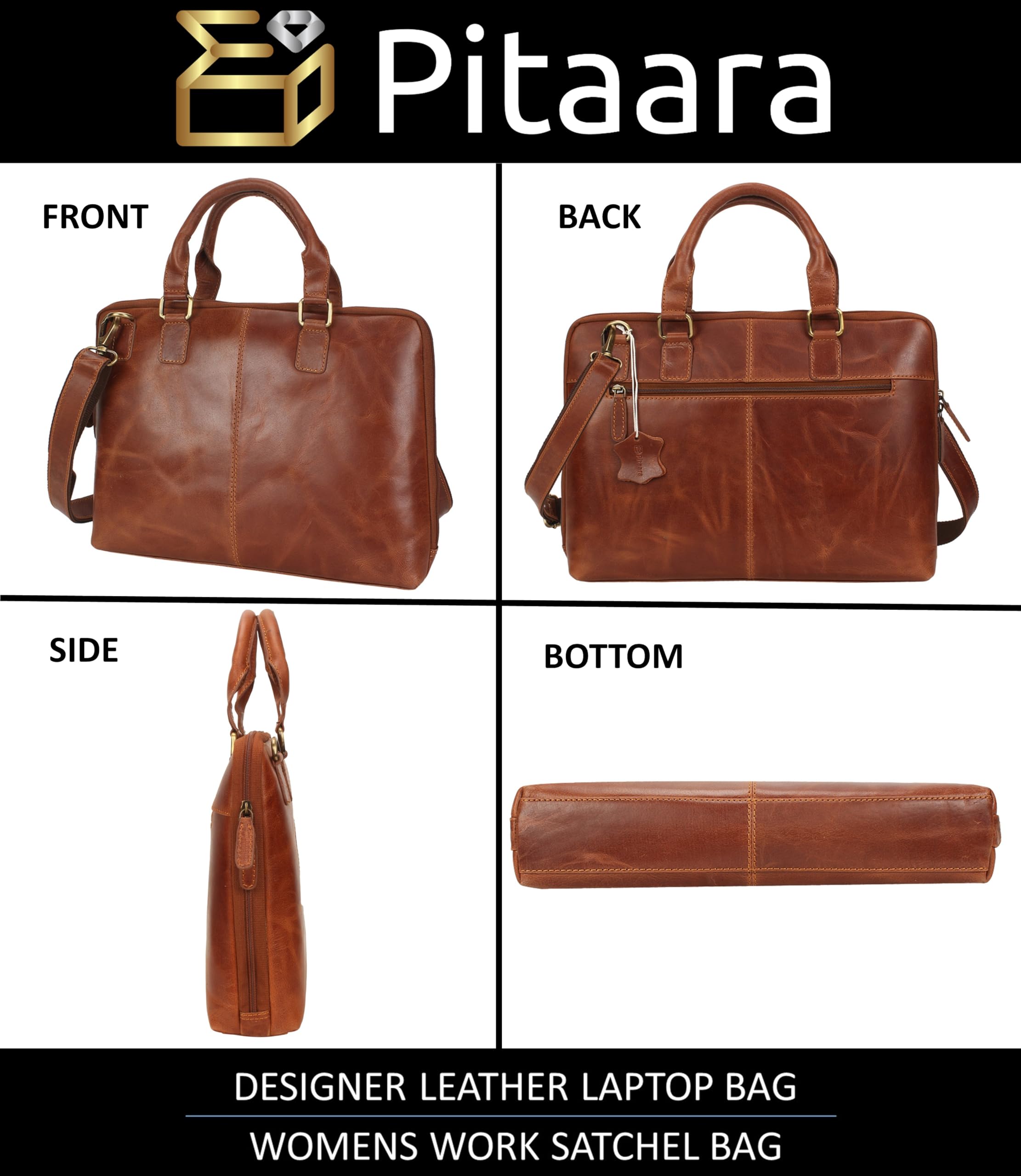 Pitaara Genuine Leather Women's Laptop Bag I Ladies Messenger Bag For Laptops Size 14" I Vintage Slim Leather Briefcase for Women I Business Computer Bag I Slim Work Bag I Shoulder Bag for Women (Tan)