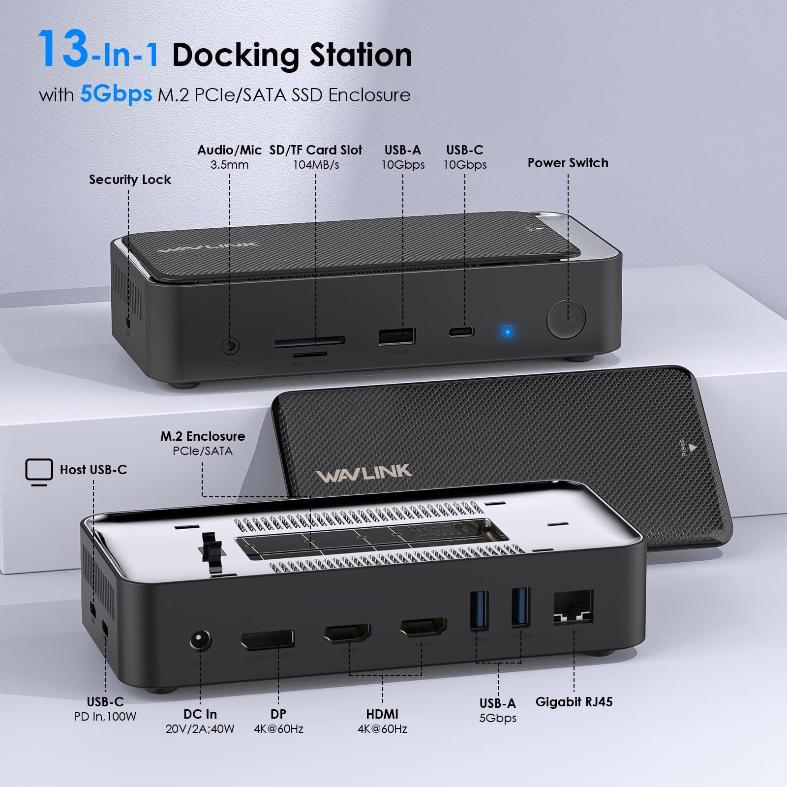 WAVLINK USB C Docking Station 3 Monitors, 13 in 1 USB C Hub with 5Gbps M.2 PCIe/SATA SSD Enclosure, 4K@60Hz HDMI/DP, 100W PD, USB C/USB-A Gen 3.2/3.1, SD/TF, Gigabit RJ45 for Windows, Mac OS