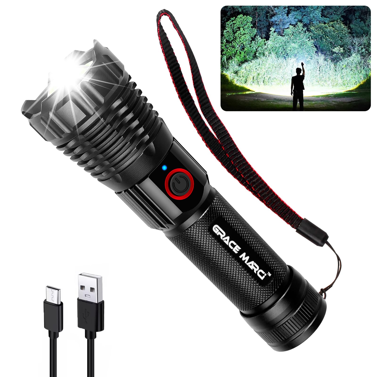 Grace Marci Super Bright Rechargeable Flashlights, High Lumen 500000 Lumens, LED Flashlight with 5 Modes, IP55 Waterproof, Powerful Handheld Flashlight for Camping, Hiking, Emergency