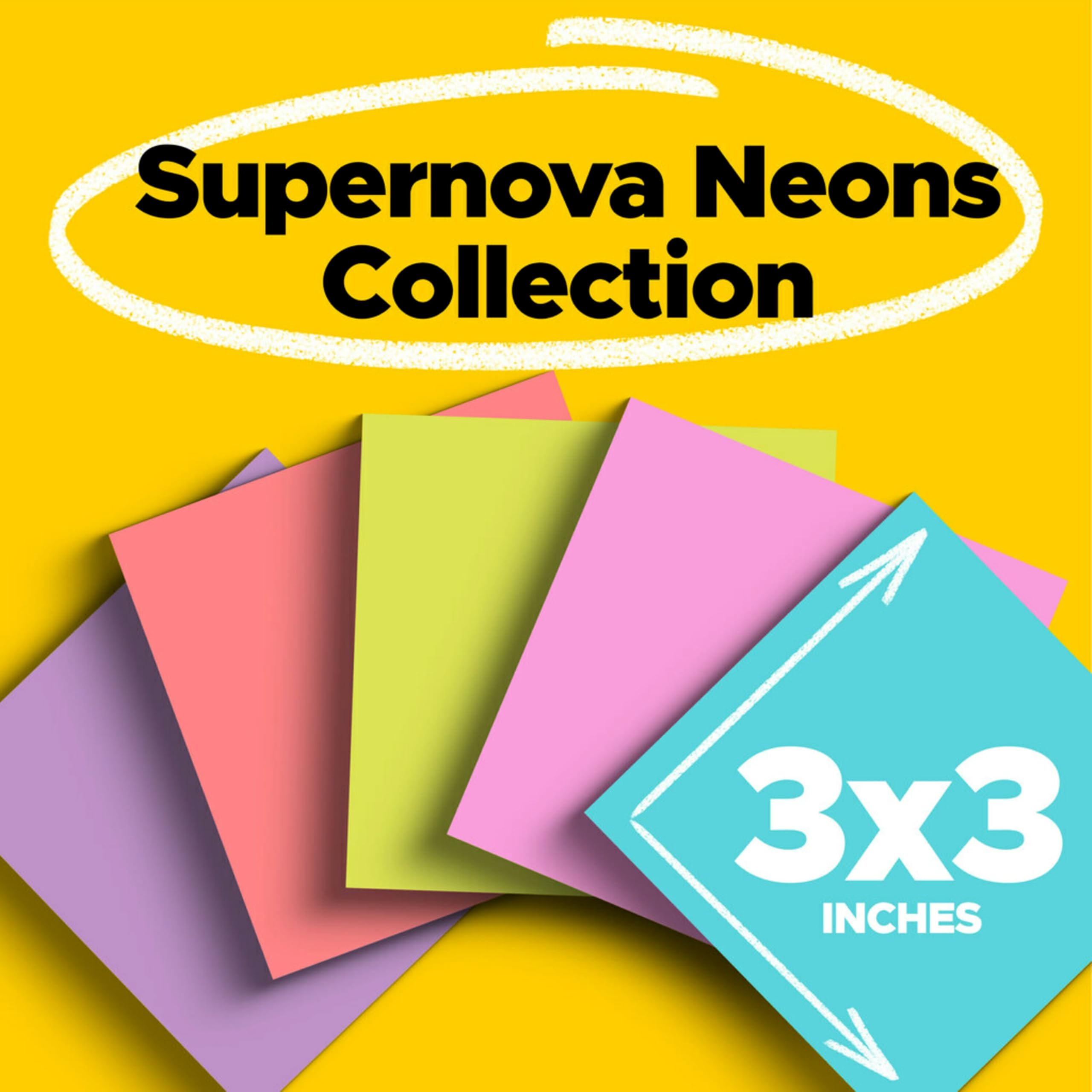 Post-it Super Sticky Notes, 12 Sticky Note Pads, 3 x 3 in., School Supplies, Office Products, Sticky Notes for Vertical Surfaces, Monitors, Walls and Windows, Supernova Neons Collection