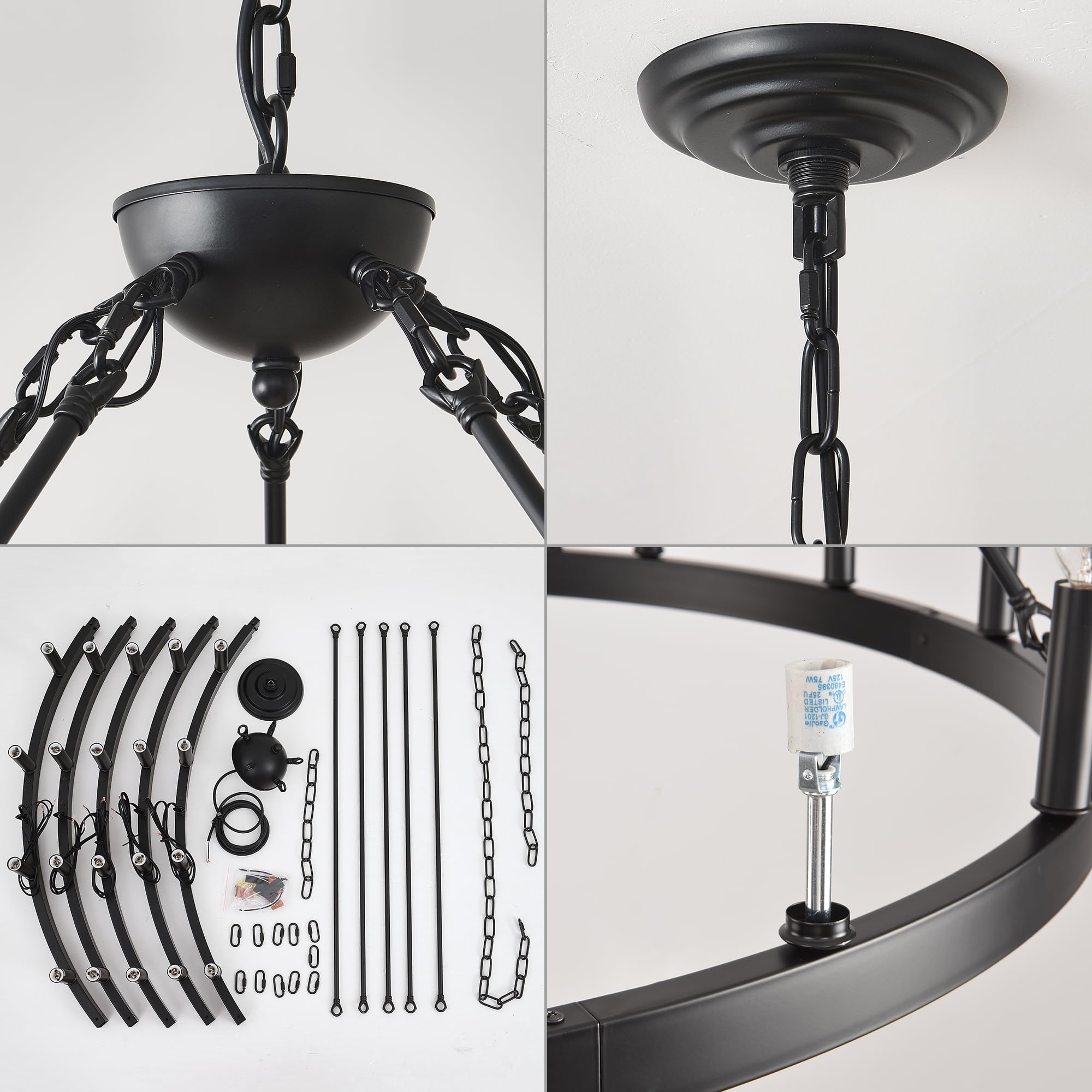 Viksroeo 53 Inch Black Extra Large Wagon Wheel Chandelier, 20-Lights Farmhouse Industrial Round High Ceiling Pendant Light Adjustable Chain for Outdoor Porch,Foyer,Dining Room, Living Room