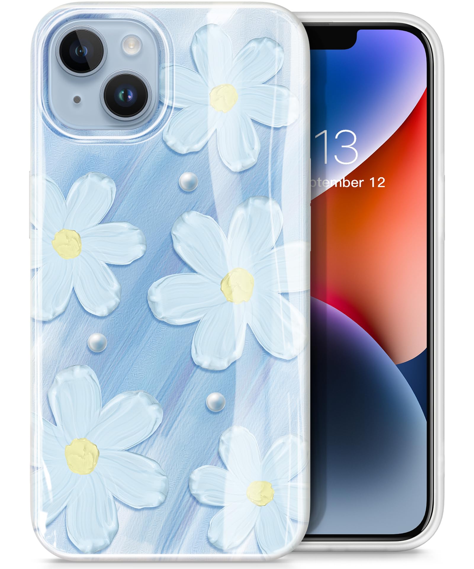 GVIEWIN Designed for iPhone 14 Case, for iPhone 13 Case 6.1", [10FT Military Grade Drop Test] Marble Soft Slim TPU Protective Shockproof Phone Case Cover, Flowers/Blue